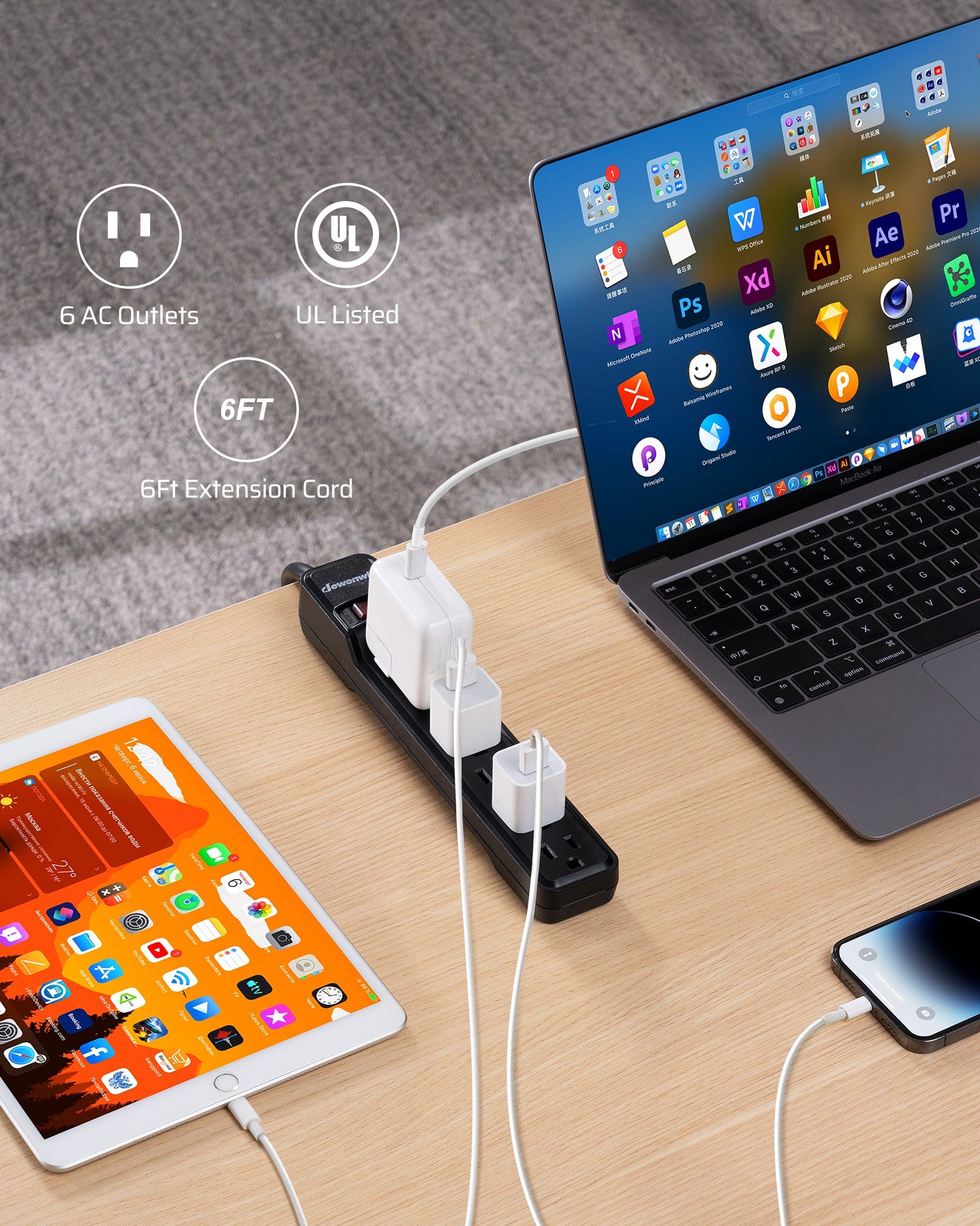 DEWENWILS 6-Outlet Surge Protector Power Strip, 6ft Long Extension Cord, Low Profile Flat Plug, 15 Amp Circuit Breaker, 500 Joules, Wall Mount (2 Pack)-HOU606B