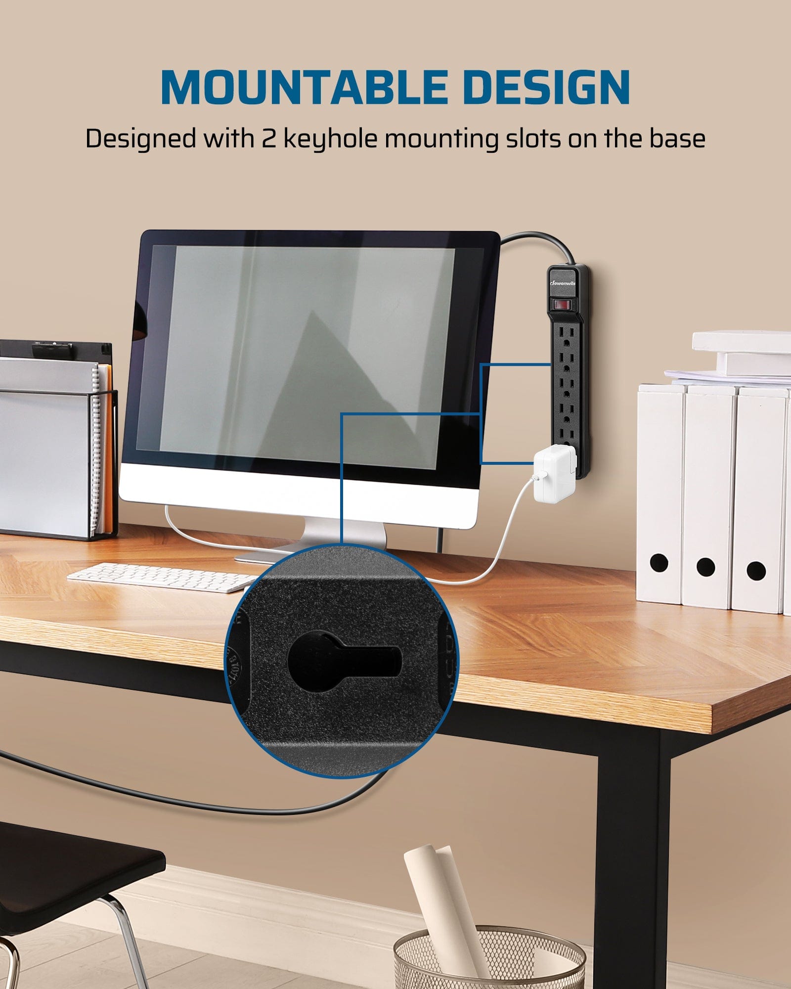 DEWENWILS 6-Outlet Surge Protector Power Strip, 6ft Long Extension Cord, Low Profile Flat Plug, 15 Amp Circuit Breaker, 500 Joules, Wall Mount (2 Pack)-HOU606B