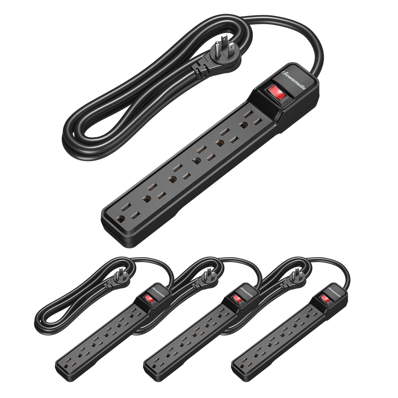 DEWENWILS 6 Foot Long Power Strip, 6-Outlet Power Strip 6FT, 15 Amp Circuit Breaker, Low Profile Flat Plug, Surge Protector for Office, Living Room, Bedroom, 4 Pack, Wall Mount, Black-HOU606D
