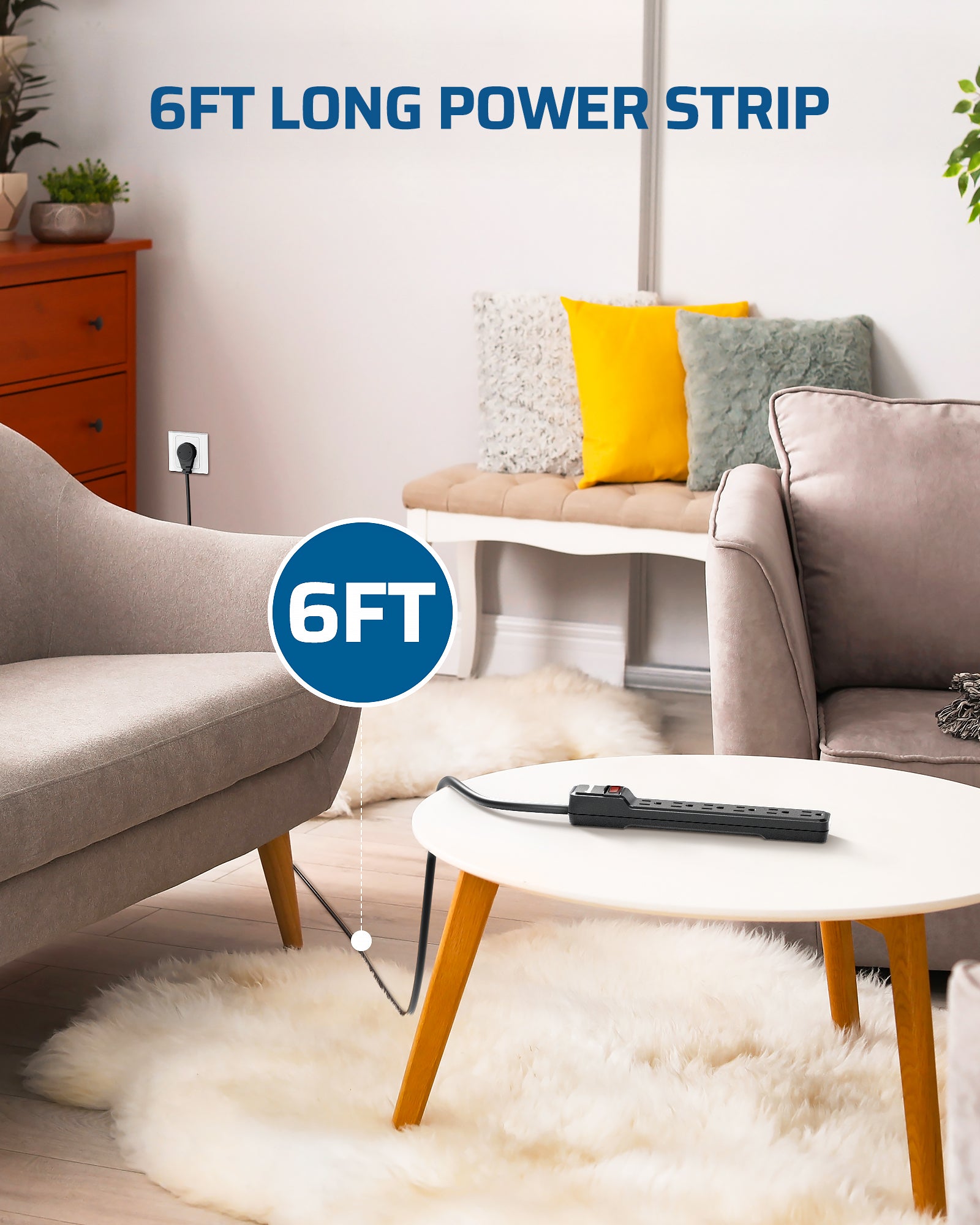 DEWENWILS 6 Foot Long Power Strip, 6-Outlet Power Strip 6FT, 15 Amp Circuit Breaker, Low Profile Flat Plug, Surge Protector for Office, Living Room, Bedroom, 4 Pack, Wall Mount, Black-HOU606D