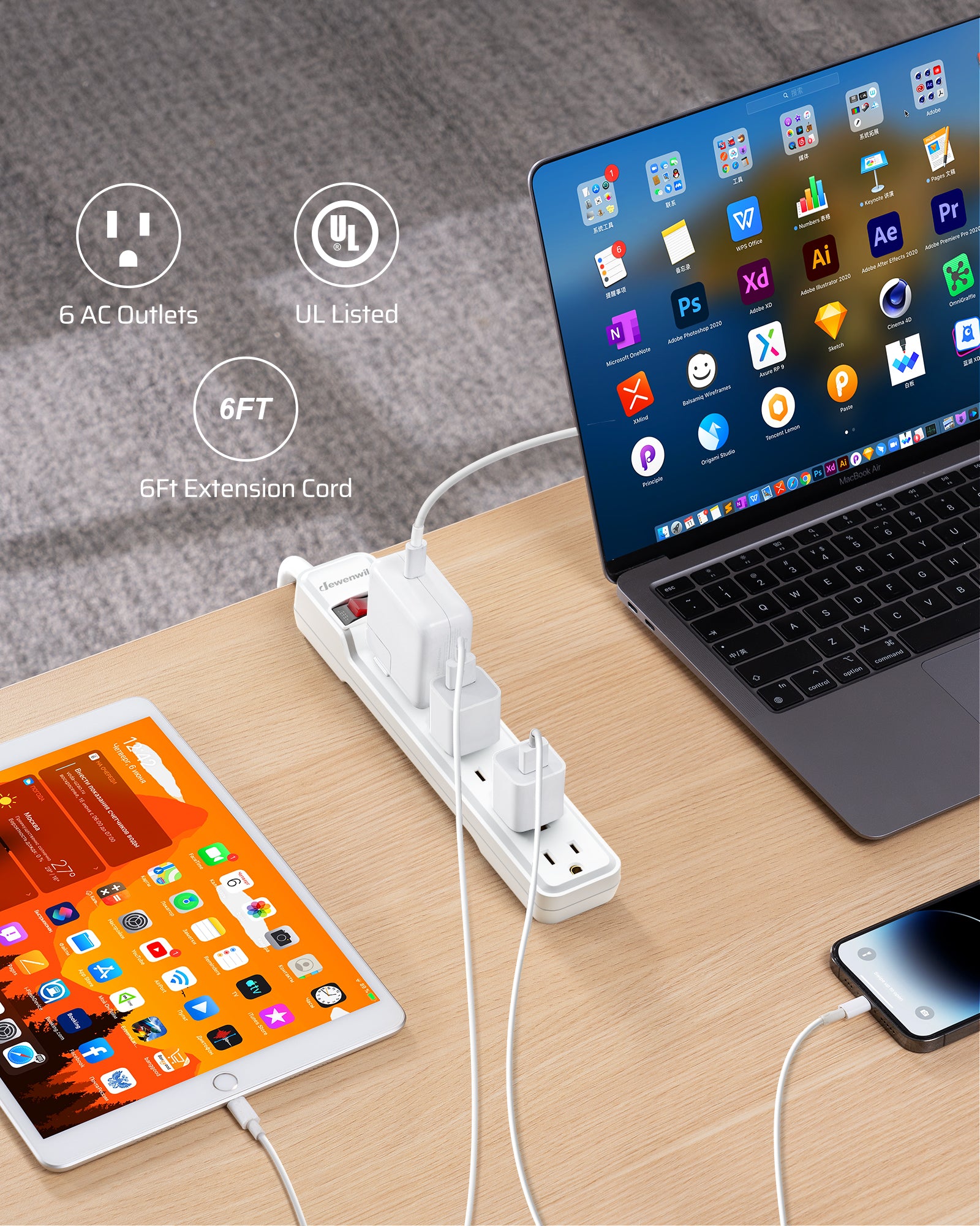 DEWENWILS 6-Outlet Surge Protector Power Strip, 6ft Long Extension Cord, Low Profile Flat Plug, 15 Amp Circuit Breaker, 500 Joules, Wall Mount (2 Pack)-HOU606J