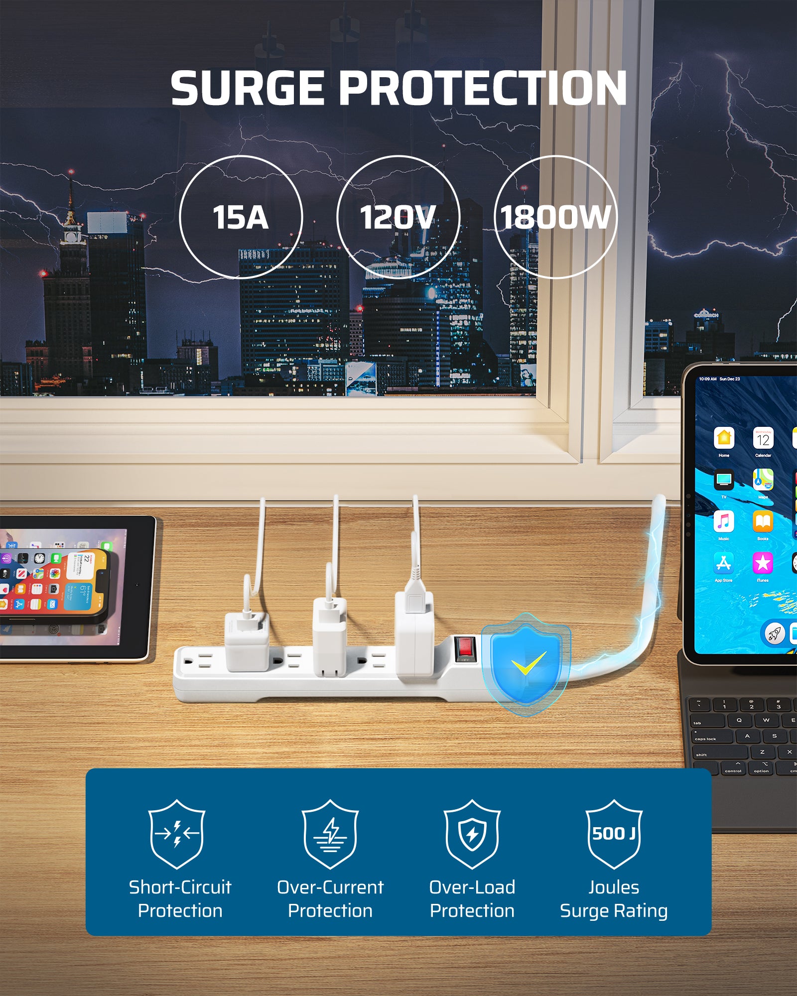 DEWENWILS 6-Outlet Surge Protector Power Strip, 6ft Long Extension Cord, Low Profile Flat Plug, 15 Amp Circuit Breaker, 500 Joules, Wall Mount (2 Pack)-HOU606J