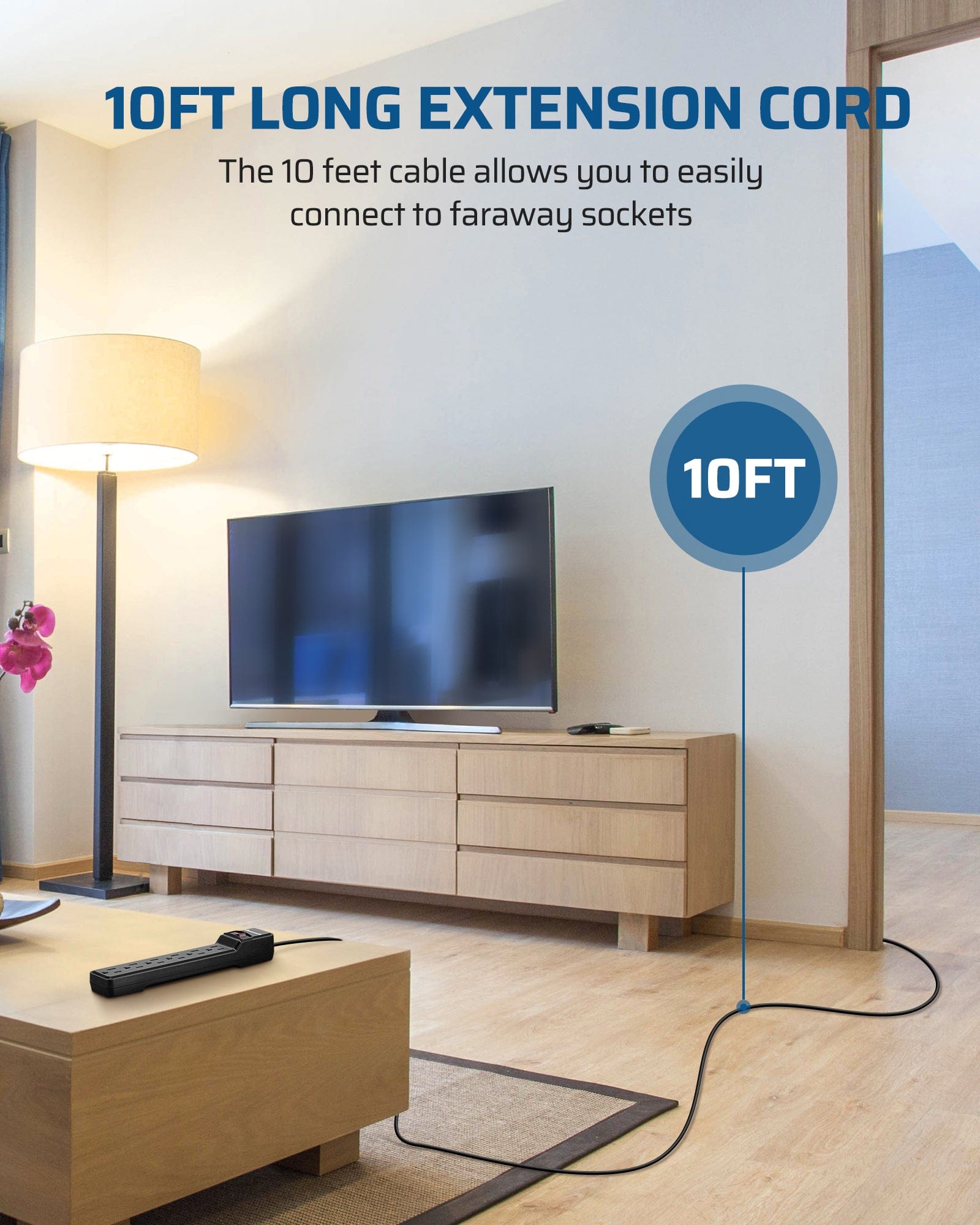 DEWENWILS 10FT Power Strip Surge Protector, 6-Outlet Strip with Low Profile Flat Plug, 15 Amp Circuit Breaker, 500 Joules, Wall Mount (2 Pack)-HOU610B