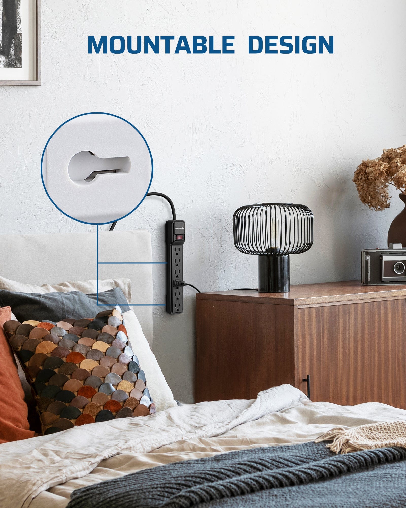 DEWENWILS 6-Outlet Power Strip Surge Protector with 10 Foot Long Extension Cord, Low Profile Flat Plug, 15 Amp Circuit Breaker, 500 Joules, Wall Mount-HOU610A