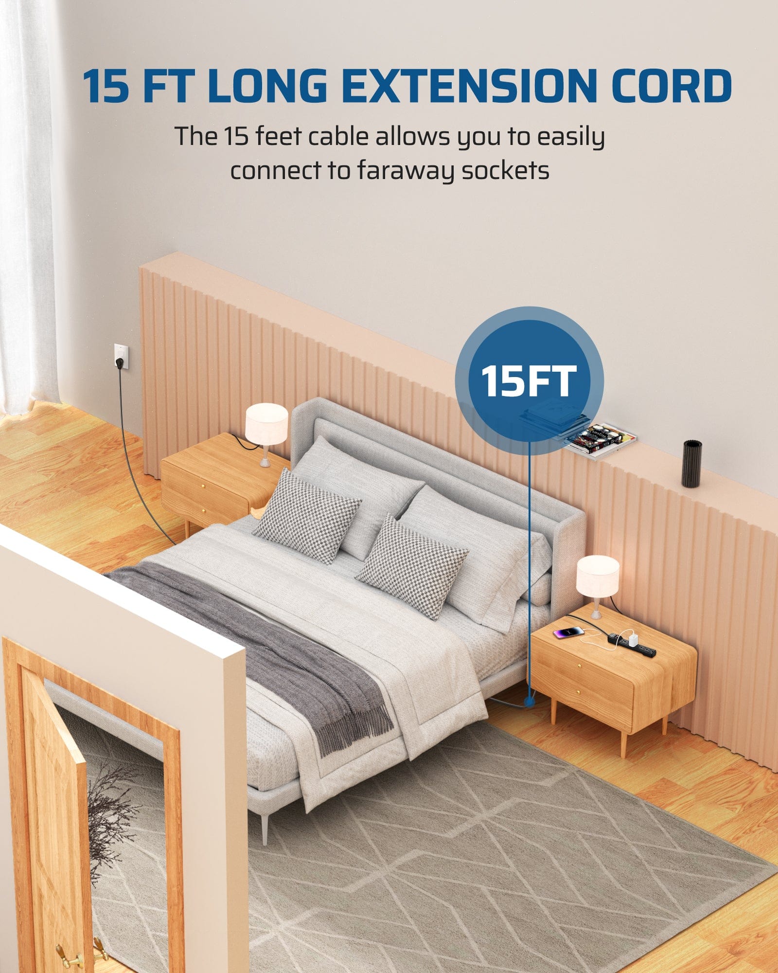 DEWENWILS Surge Protector Power Strip with 15 Ft Extra Long Extension Cord, Low Profile Flat Plug,15 Amp Circuit Breaker, 500 Joules, Wall Mount (2 Pack)-HOU615B