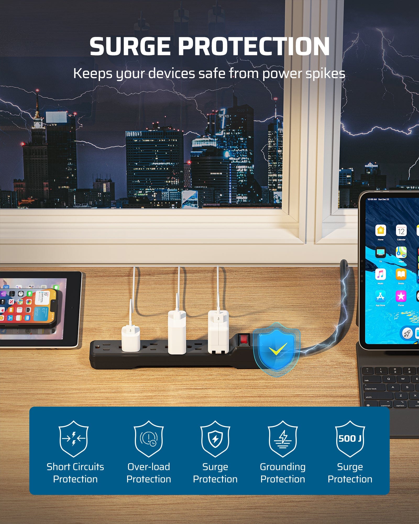 DEWENWILS 6-Outlet Surge Protector Power Strip, 15FT Long Extension Cord, Low Profile Flat Plug, 15 Amp Circuit Breaker, 500 Joules, Wall Mount-HOU615A