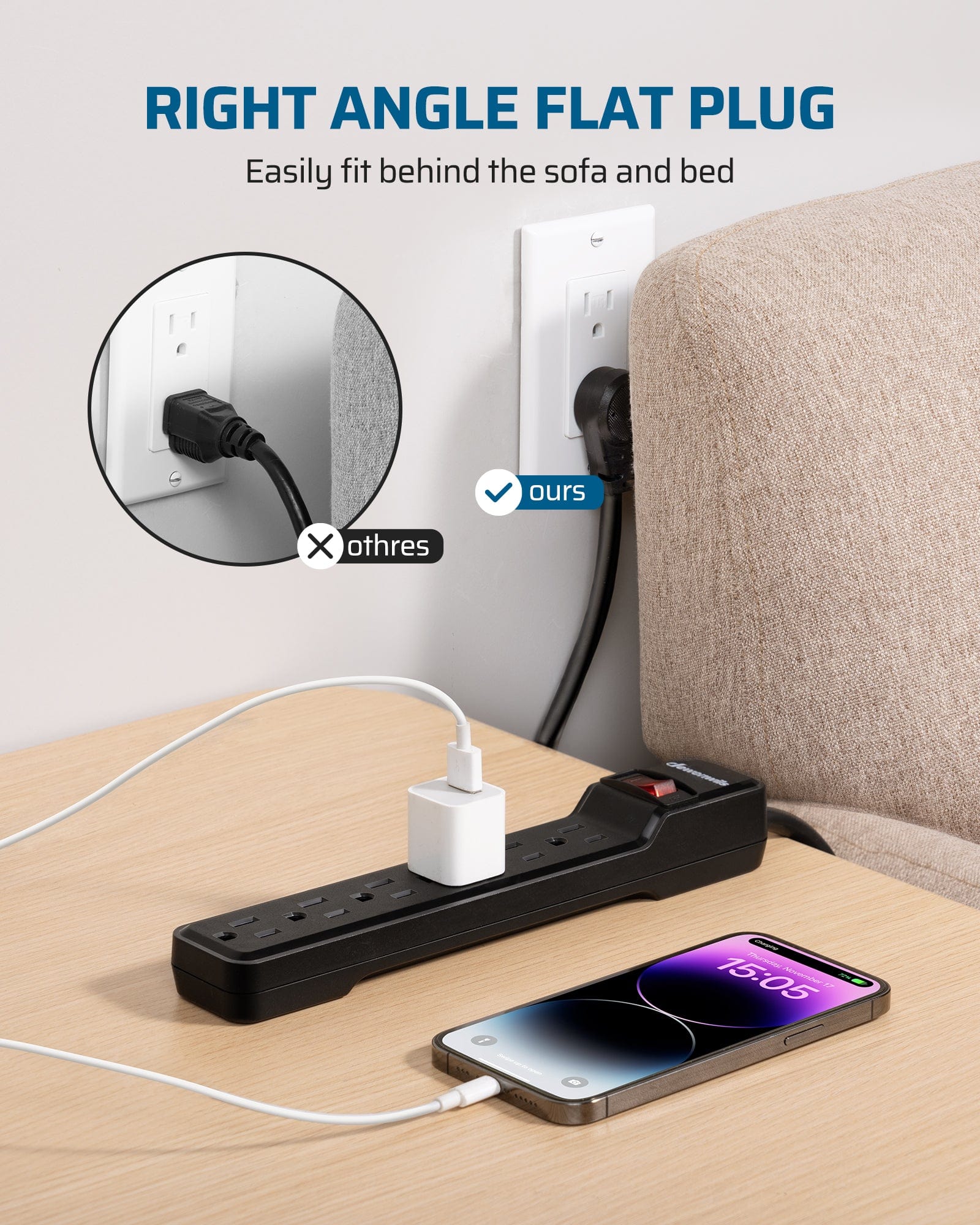 DEWENWILS 6-Outlet Surge Protector Power Strip, 15FT Long Extension Cord, Low Profile Flat Plug, 15 Amp Circuit Breaker, 500 Joules, Wall Mount-HOU615A