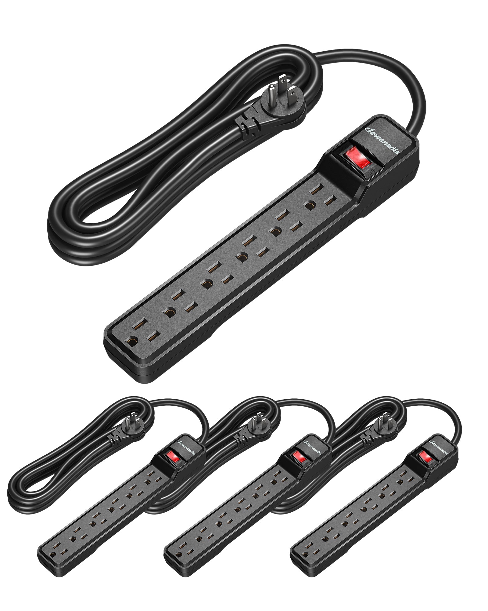 DEWENWILS 15 Foot Long Power Strip, 6-Outlet Power Strip 15FT, 15 Amp Circuit Breaker, Low Profile Flat Plug, Surge Protector for Office, Living Room, Bedroom, 4 Pack, Wall Mount, Black-HOU615D