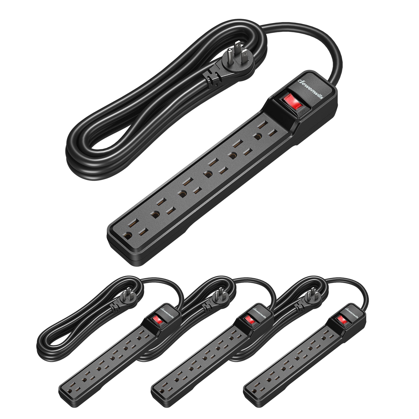 DEWENWILS 15 Foot Long Power Strip, 6-Outlet Power Strip 15FT, 15 Amp Circuit Breaker, Low Profile Flat Plug, Surge Protector for Office, Living Room, Bedroom, 4 Pack, Wall Mount, Black-HOU615D