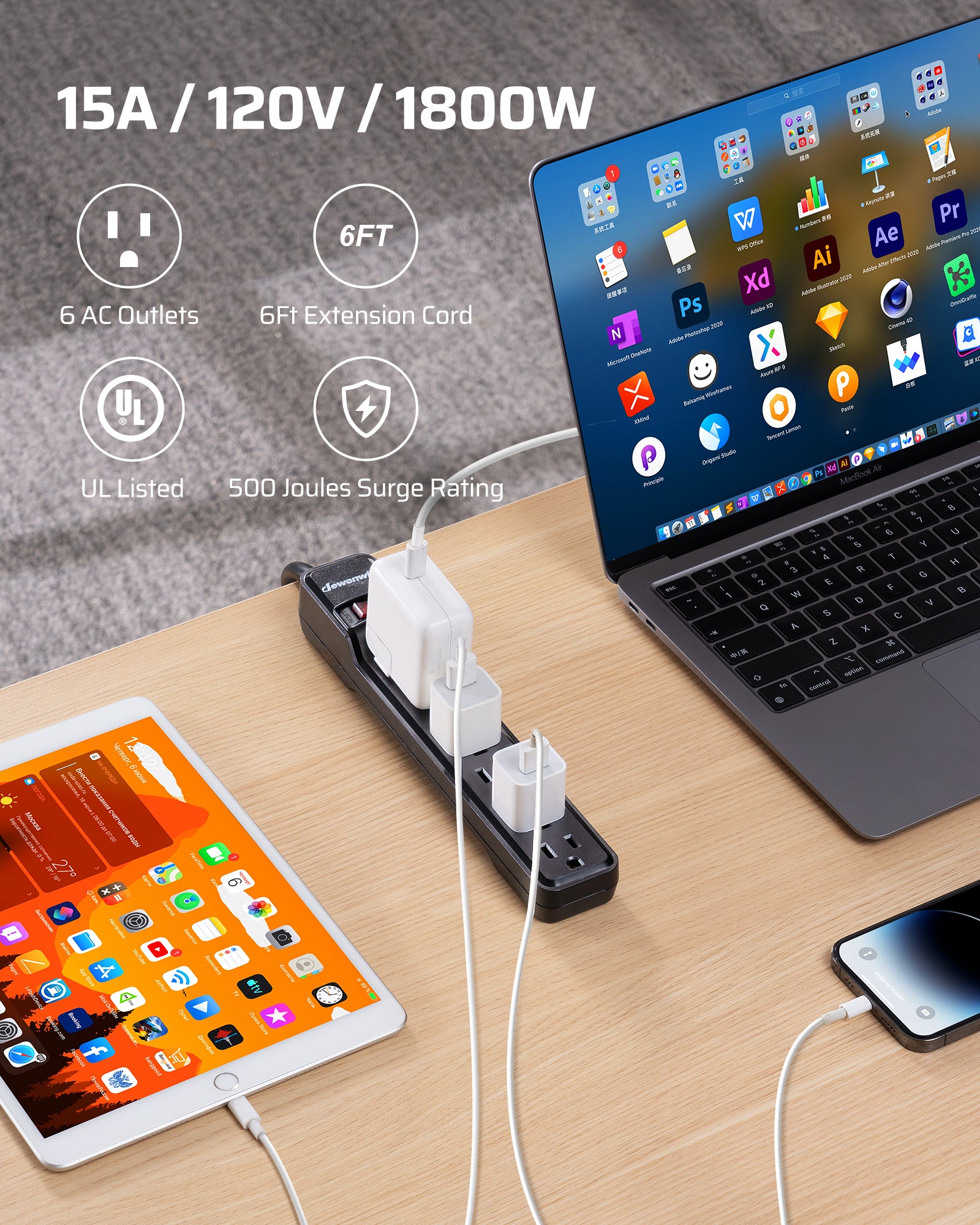 DEWENWILS 15 Foot Long Power Strip, 6-Outlet Power Strip 15FT, 15 Amp Circuit Breaker, Low Profile Flat Plug, Surge Protector for Office, Living Room, Bedroom, 4 Pack, Wall Mount, Black-HOU615D