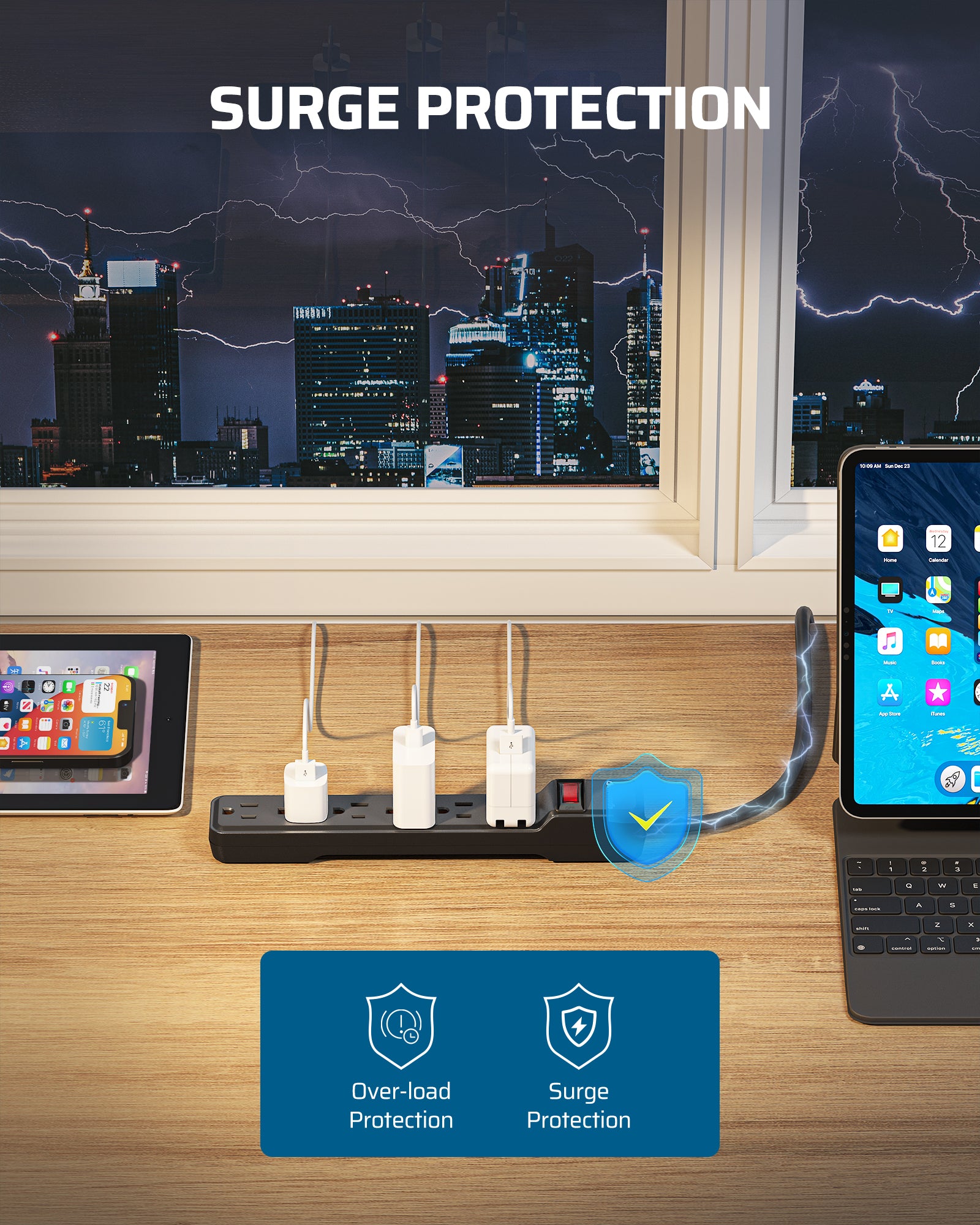 DEWENWILS 15 Foot Long Power Strip, 6-Outlet Power Strip 15FT, 15 Amp Circuit Breaker, Low Profile Flat Plug, Surge Protector for Office, Living Room, Bedroom, 4 Pack, Wall Mount, Black-HOU615D