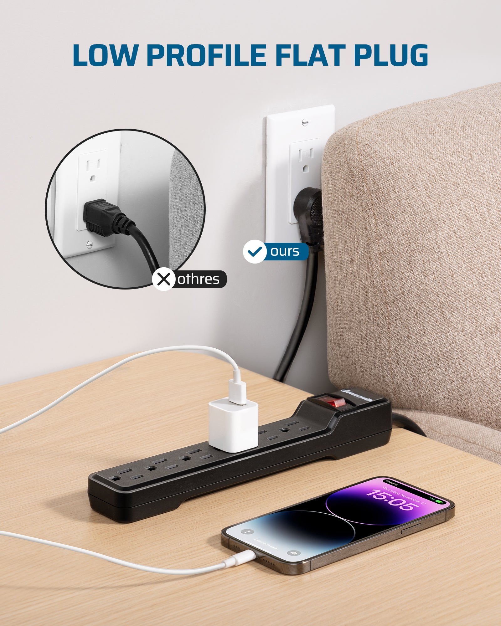 DEWENWILS 15 Foot Long Power Strip, 6-Outlet Power Strip 15FT, 15 Amp Circuit Breaker, Low Profile Flat Plug, Surge Protector for Office, Living Room, Bedroom, 4 Pack, Wall Mount, Black-HOU615D