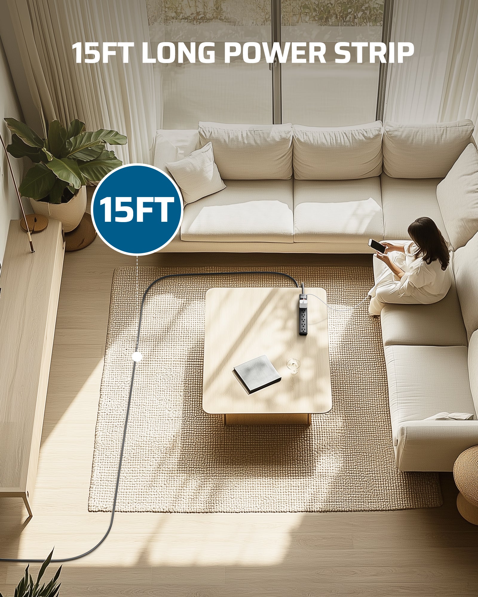 DEWENWILS 15 Foot Long Power Strip, 6-Outlet Power Strip 15FT, 15 Amp Circuit Breaker, Low Profile Flat Plug, Surge Protector for Office, Living Room, Bedroom, 4 Pack, Wall Mount, Black-HOU615D