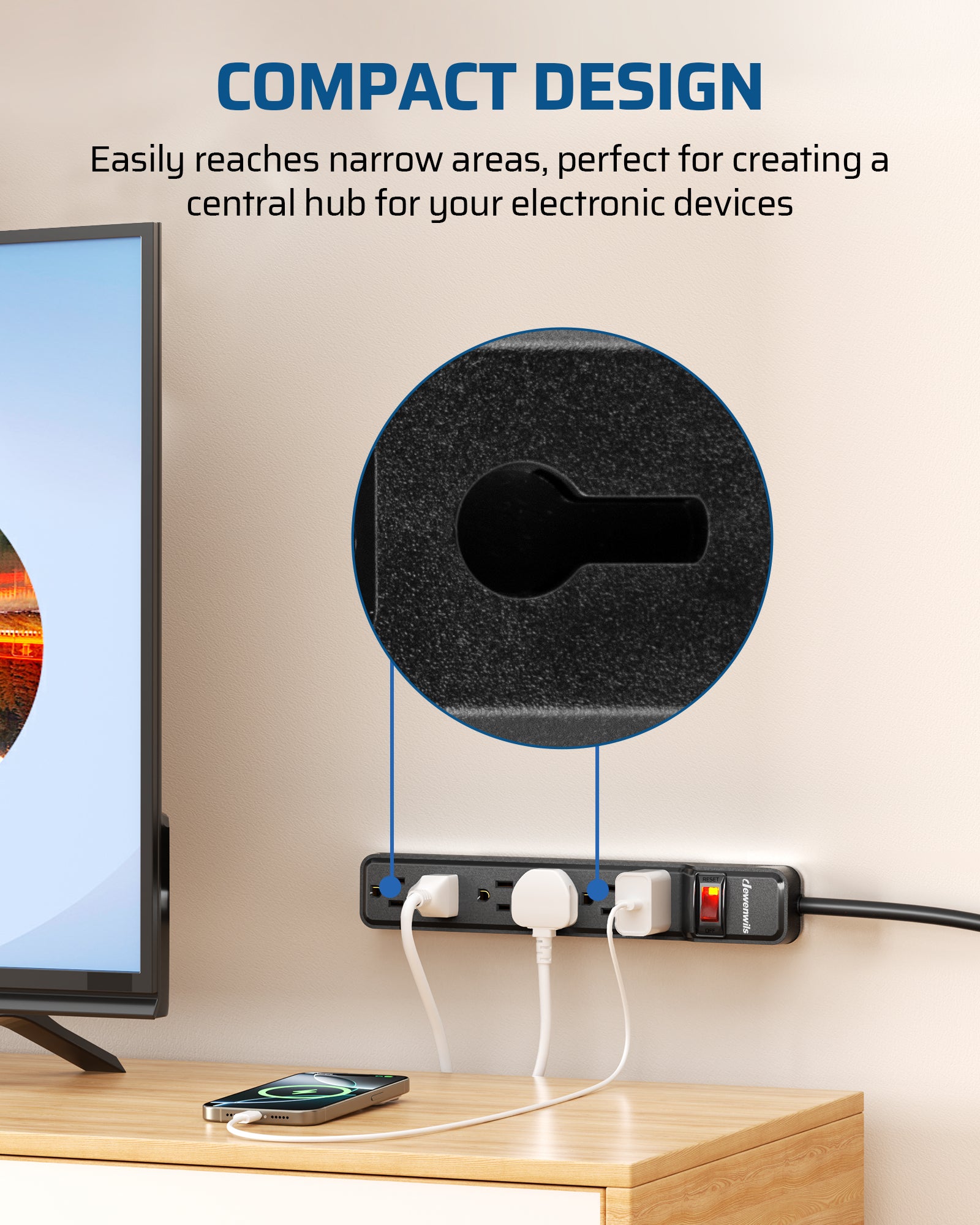 DEWENWILS 15 Foot Long Power Strip, 6-Outlet Power Strip 15FT, 15 Amp Circuit Breaker, Low Profile Flat Plug, Surge Protector for Office, Living Room, Bedroom, 4 Pack, Wall Mount, Black-HOU615D