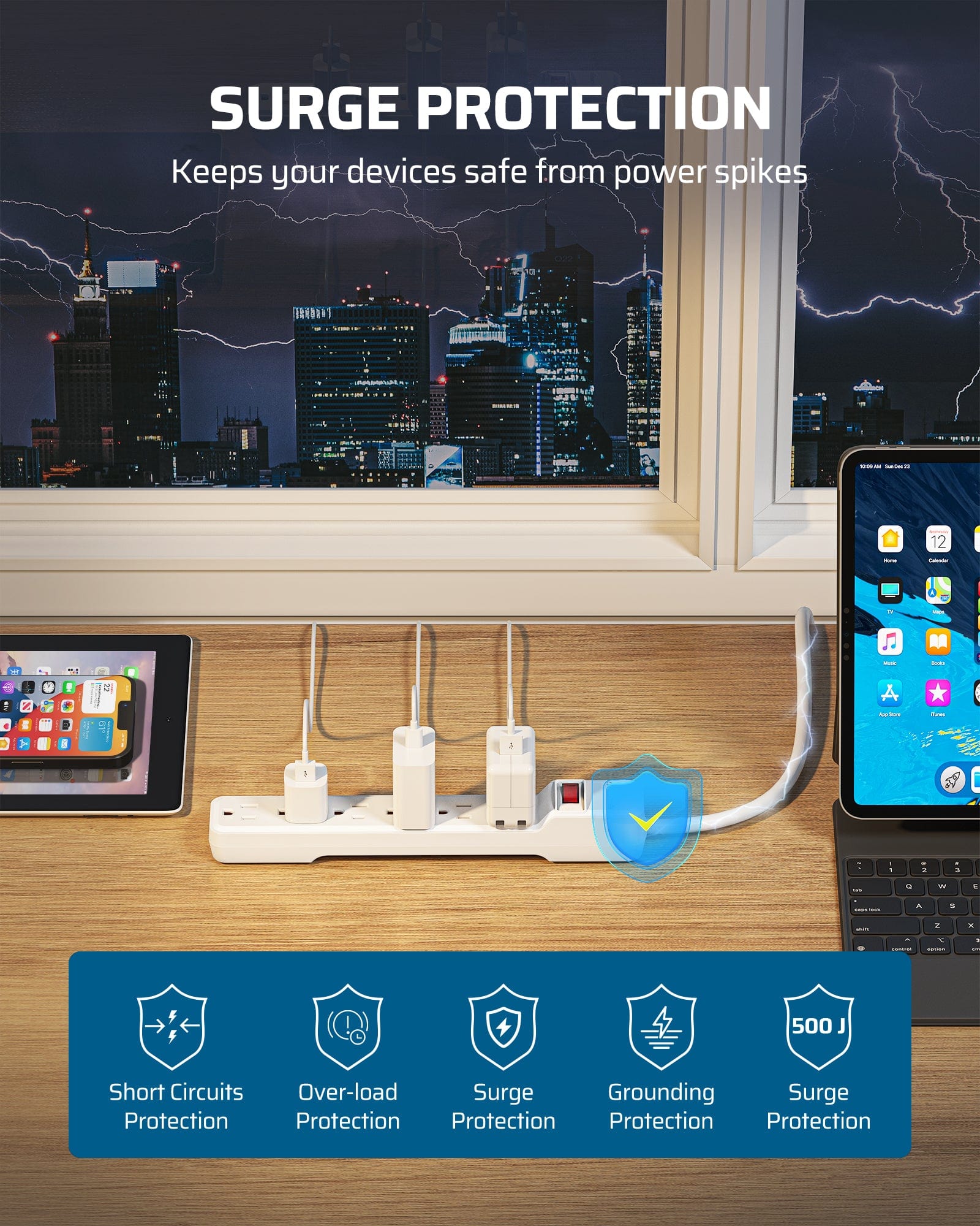 DEWENWILS 6-Outlet Surge Protector Power Strip with 15FT Long Extension Cord, Low Profile Flat Plug, 15 Amp Circuit Breaker, 500 Joules, Wall Mount-HOU615H