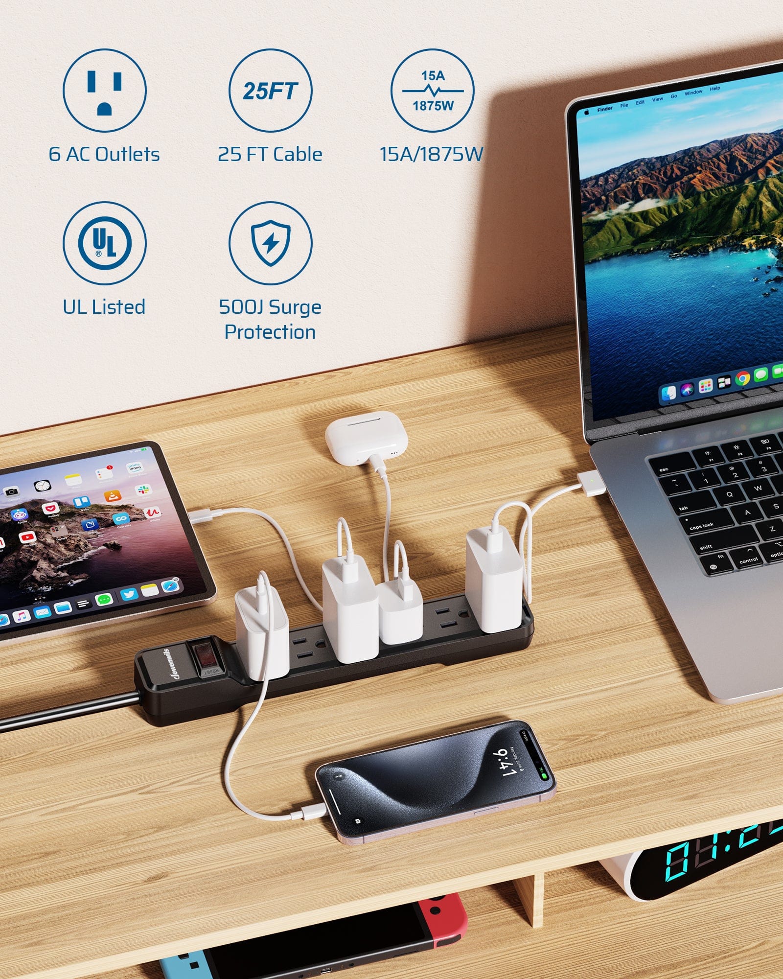 DEWENWILS Power Strip Surge Protector with 25ft Extra Long Extension Cord, Low Profile Flat Plug,15 Amp Circuit Breaker, 500 Joules, Wall Mount (2 Pack)-HOU625B