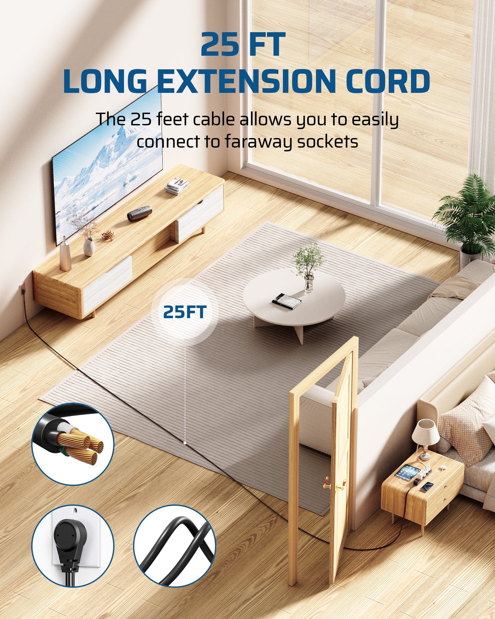 DEWENWILS Power Strip Surge Protector with 25ft Extra Long Extension Cord, Low Profile Flat Plug,15 Amp Circuit Breaker, 500 Joules, Wall Mount (2 Pack)-HOU625B