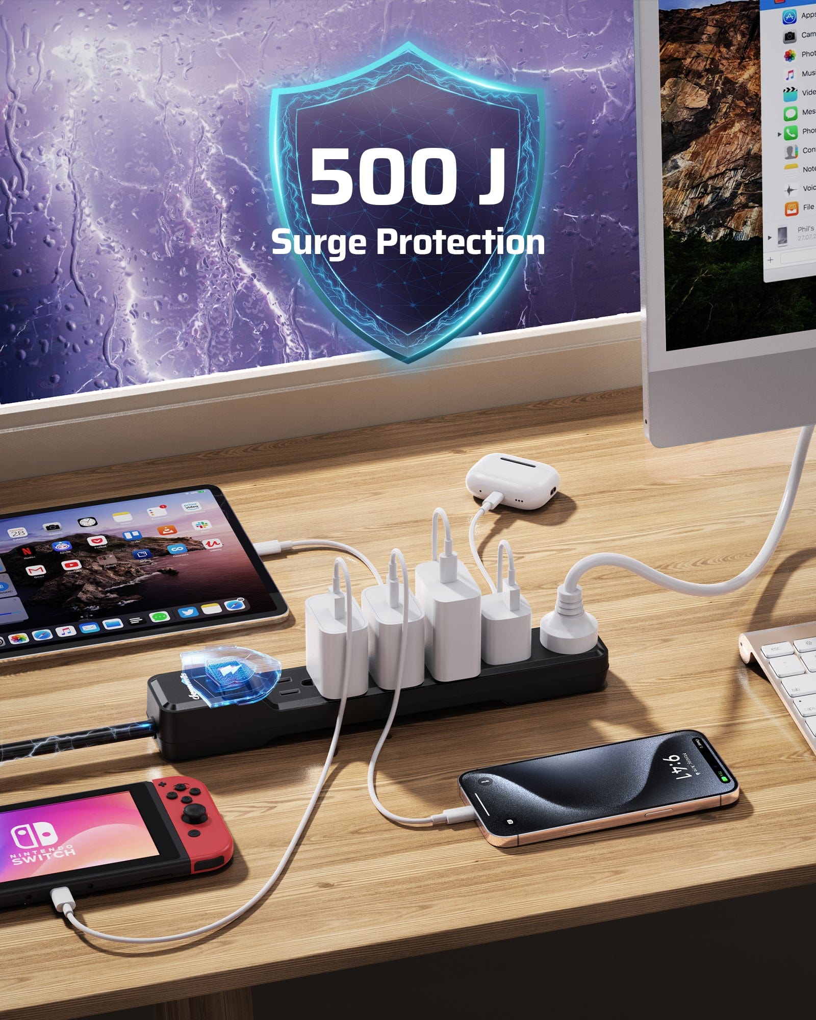 DEWENWILS 25ft 6-Outlet Surge Protector Power Strip with Low Profile Flat Plug, 15 Amp Circuit Breaker, 500 Joules, Wall Mount-HOU625A