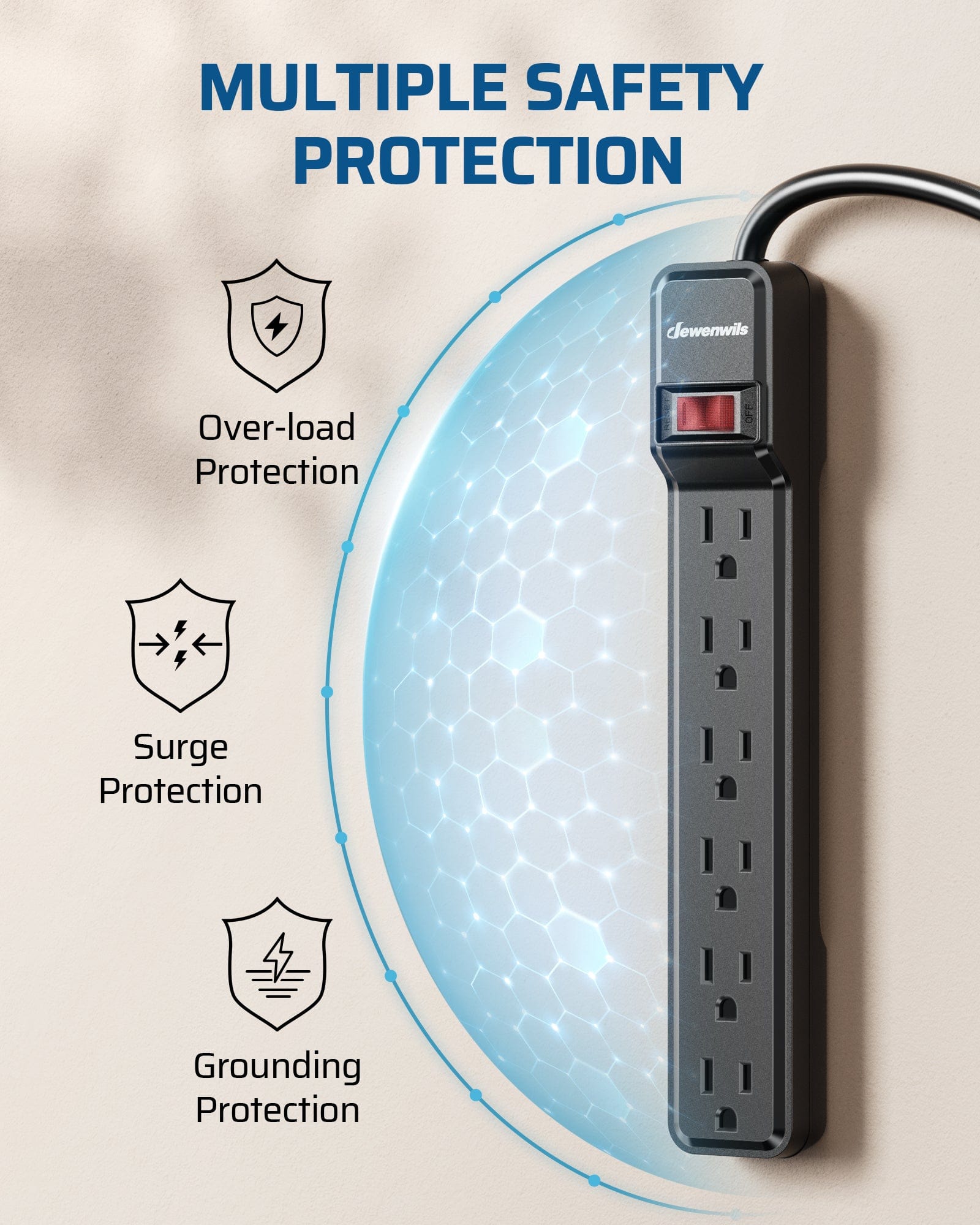 DEWENWILS Power Strip Surge Protector with 25ft Extra Long Extension Cord, Low Profile Flat Plug,15 Amp Circuit Breaker, 500 Joules, Wall Mount (2 Pack)-HOU625B