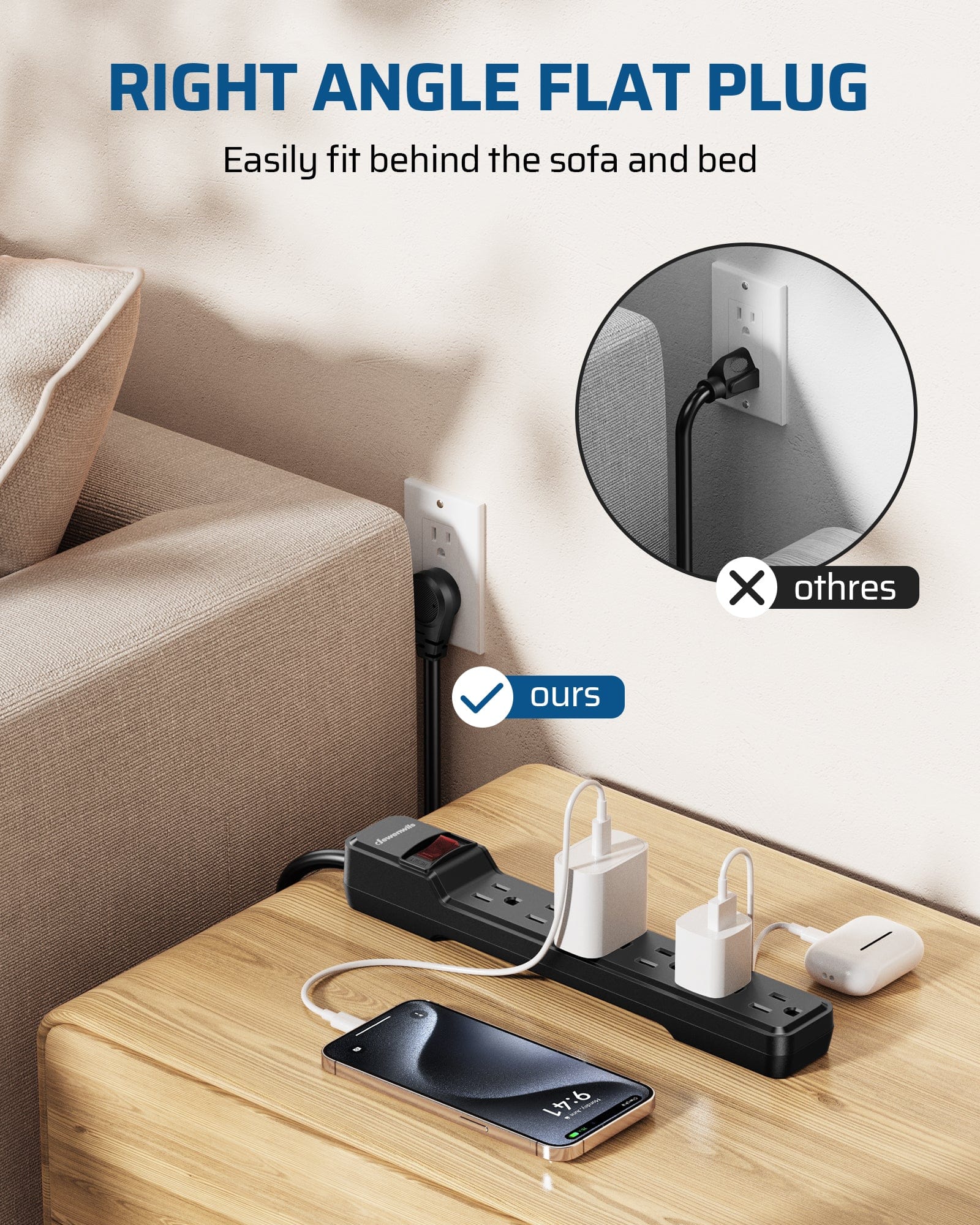 DEWENWILS 25ft 6-Outlet Surge Protector Power Strip with Low Profile Flat Plug, 15 Amp Circuit Breaker, 500 Joules, Wall Mount-HOU625A