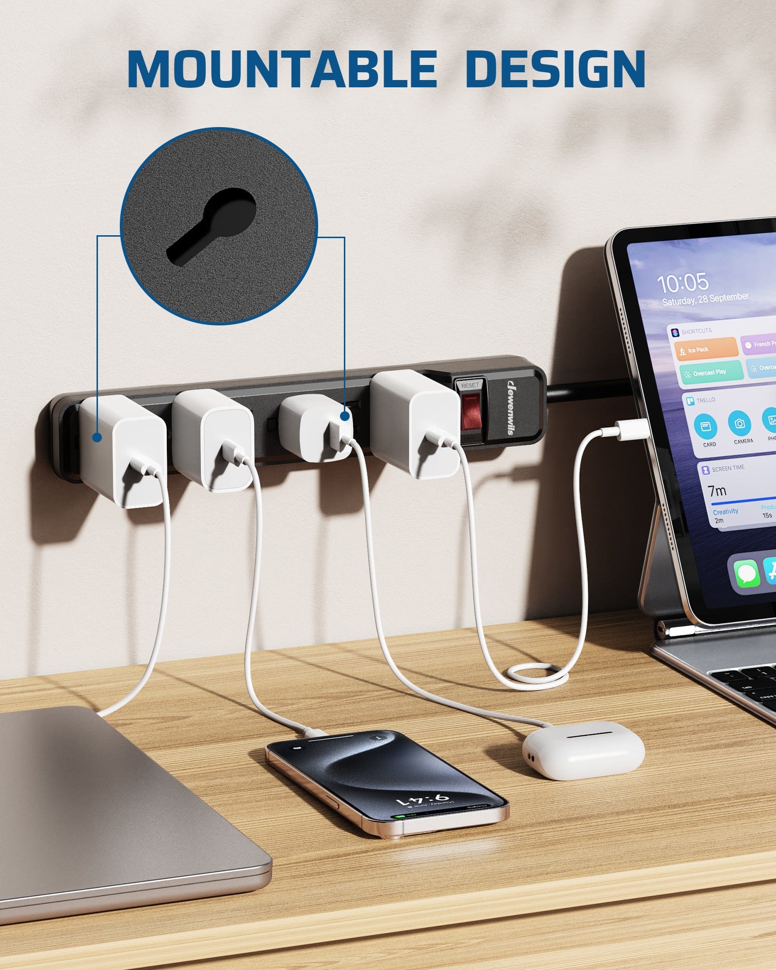 DEWENWILS 25ft 6-Outlet Surge Protector Power Strip with Low Profile Flat Plug, 15 Amp Circuit Breaker, 500 Joules, Wall Mount-HOU625A