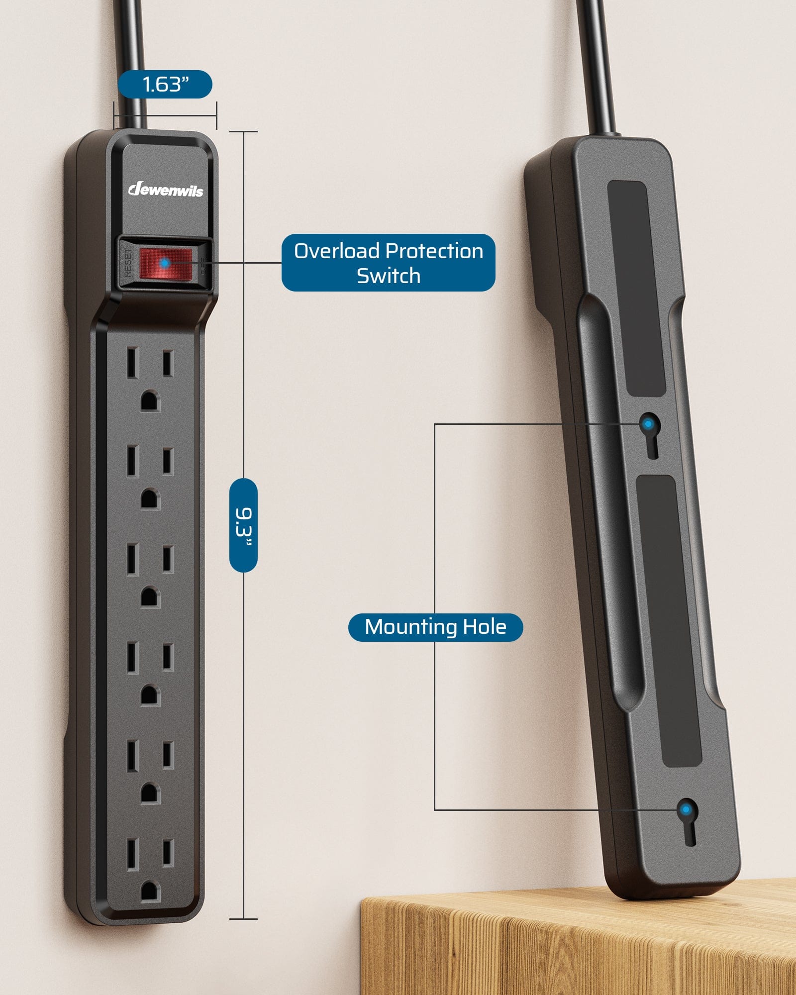DEWENWILS 25ft 6-Outlet Surge Protector Power Strip with Low Profile Flat Plug, 15 Amp Circuit Breaker, 500 Joules, Wall Mount-HOU625A