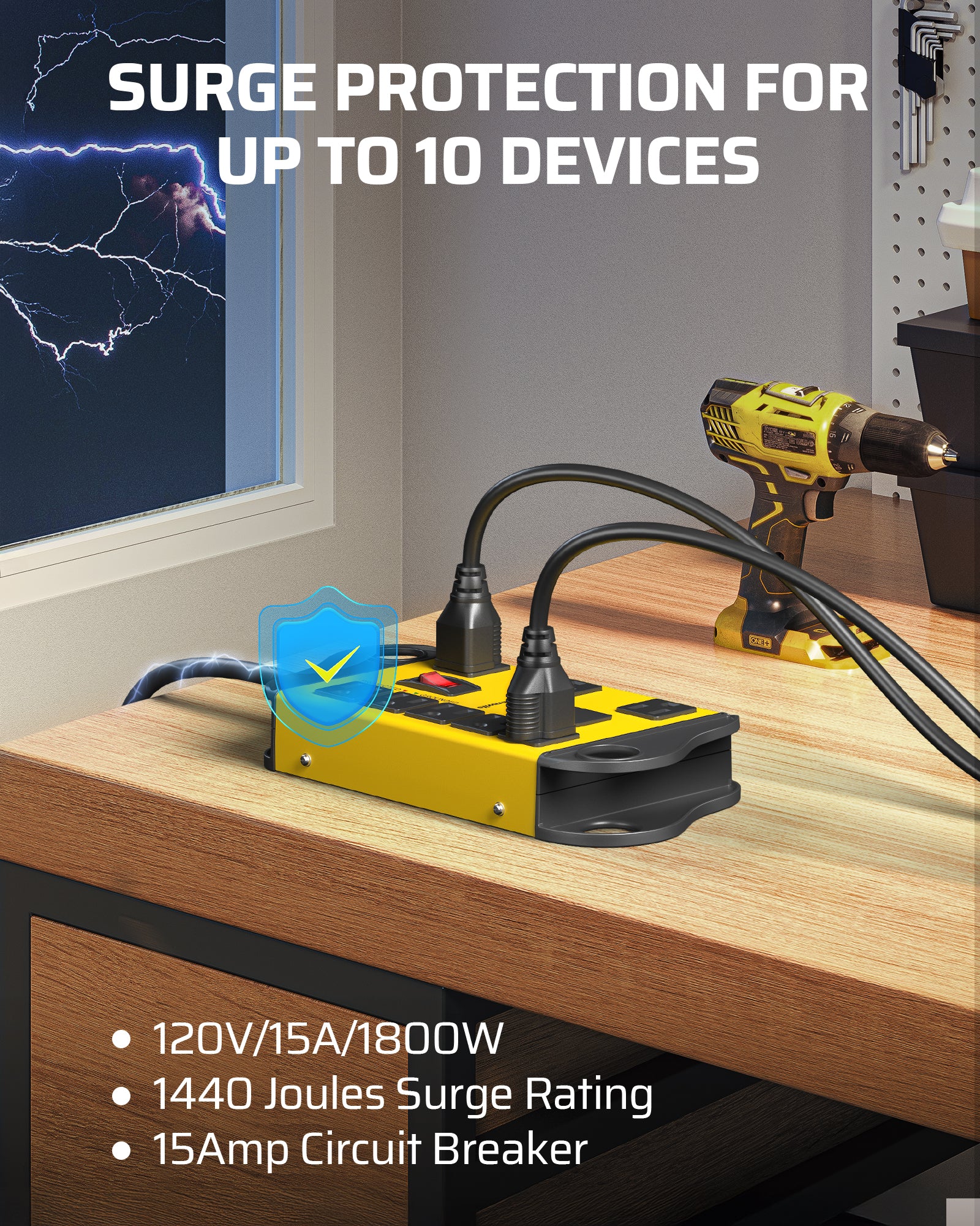 DEWENWILS 8-Outlet Surge Protector Metal Power Strip with 2 USB Ports, 15ft Flat Plug Extension Cord,15A Circuit Breaker, 1440 Joules, Wall Mount-HOU802A