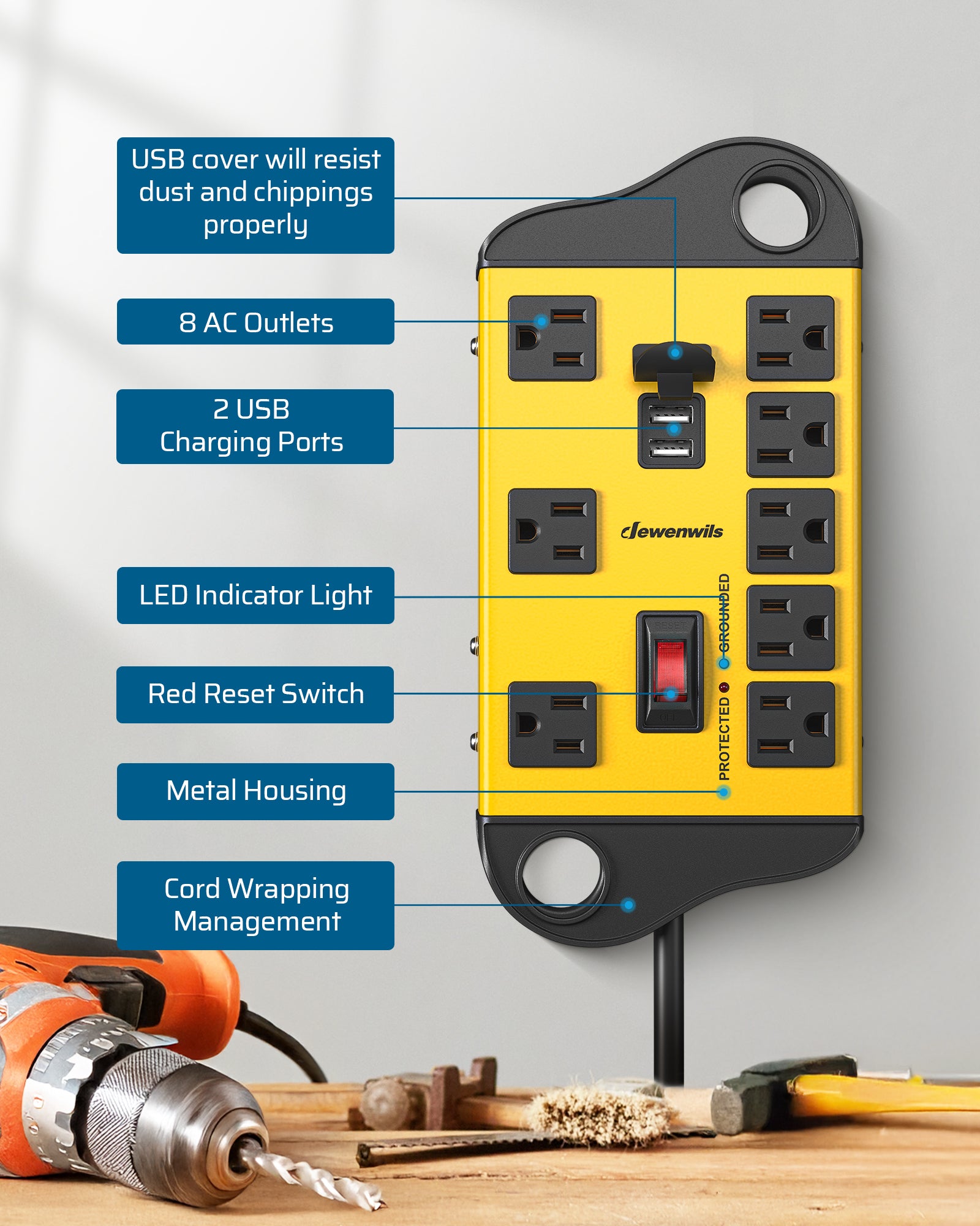 DEWENWILS 8-Outlet Surge Protector Metal Power Strip with 2 USB Ports, 15ft Flat Plug Extension Cord,15A Circuit Breaker, 1440 Joules, Wall Mount-HOU802A