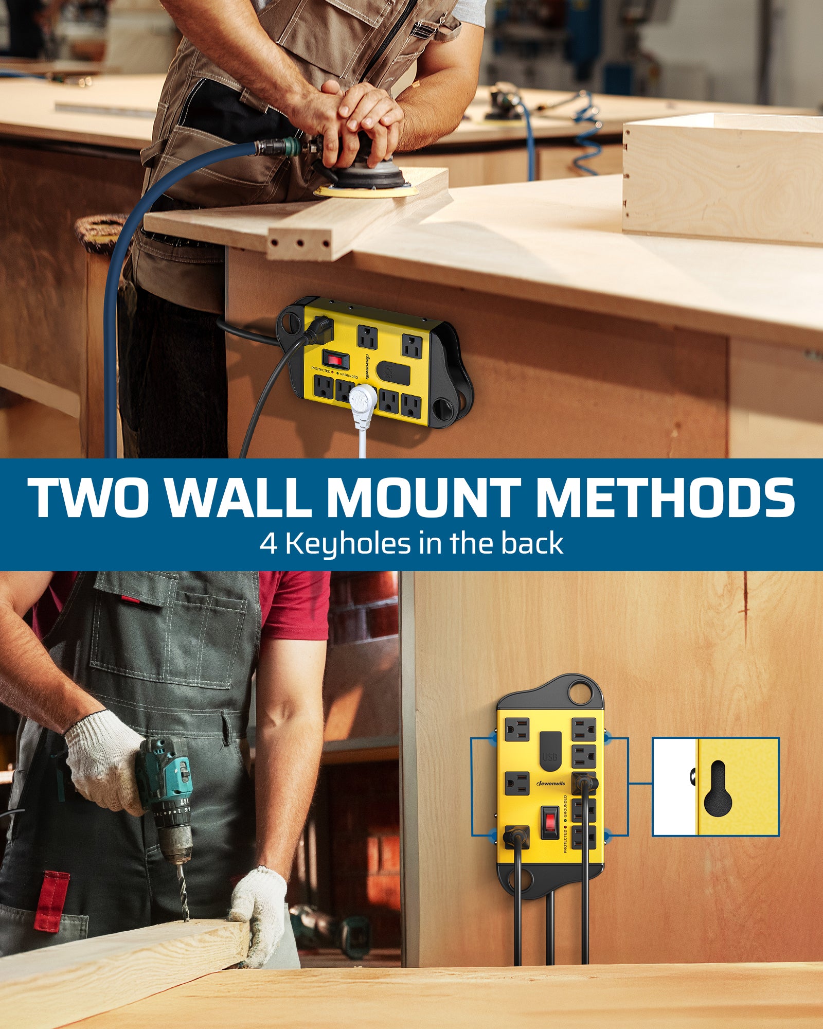 DEWENWILS 8-Outlet Surge Protector Metal Power Strip with 2 USB Ports, 15ft Flat Plug Extension Cord,15A Circuit Breaker, 1440 Joules, Wall Mount-HOU802A