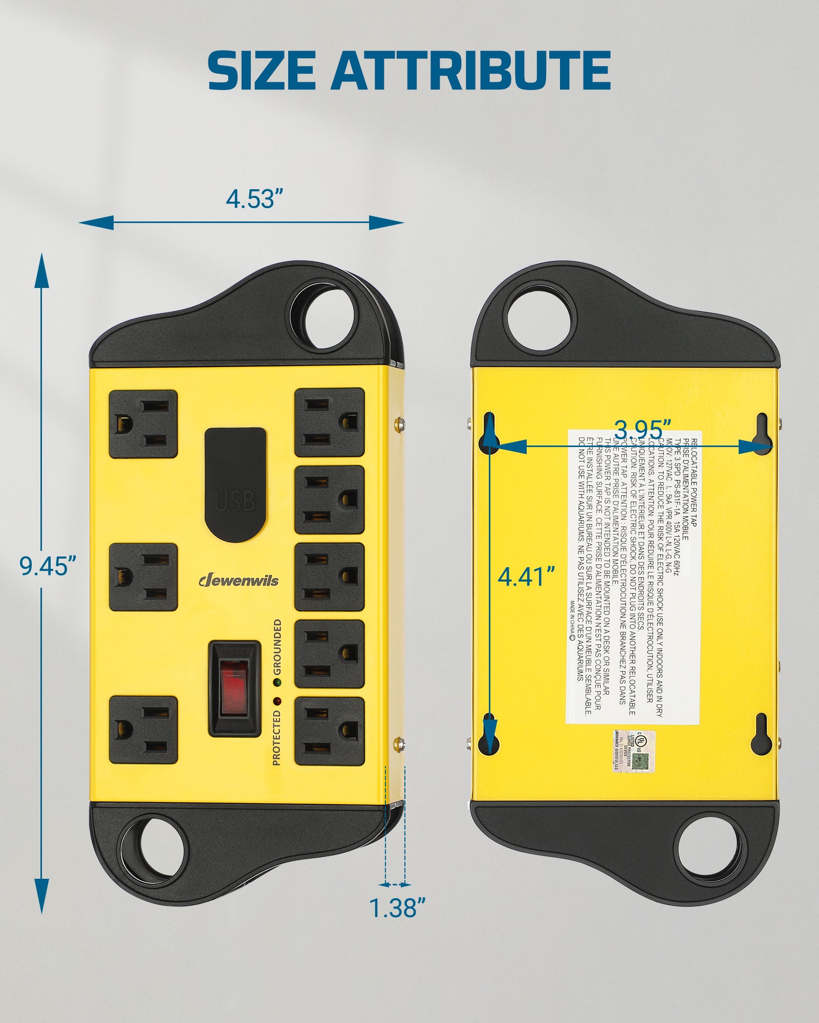 DEWENWILS 8-Outlet Surge Protector Metal Power Strip with 2 USB Ports, 15ft Flat Plug Extension Cord,15A Circuit Breaker, 1440 Joules, Wall Mount-HOU802A