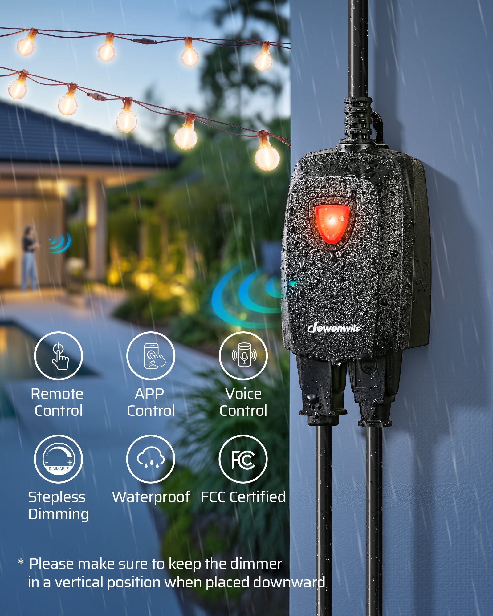 DEWENWILS Outdoor Dimmer for String Lights, Smart Dimmer Plug with Remote, Compatible with Alexa & Google Home, Waterproof, 100FT Range, Remote Dimmer for Dimmable LED/Tungsten Bulbs-HOWD01B