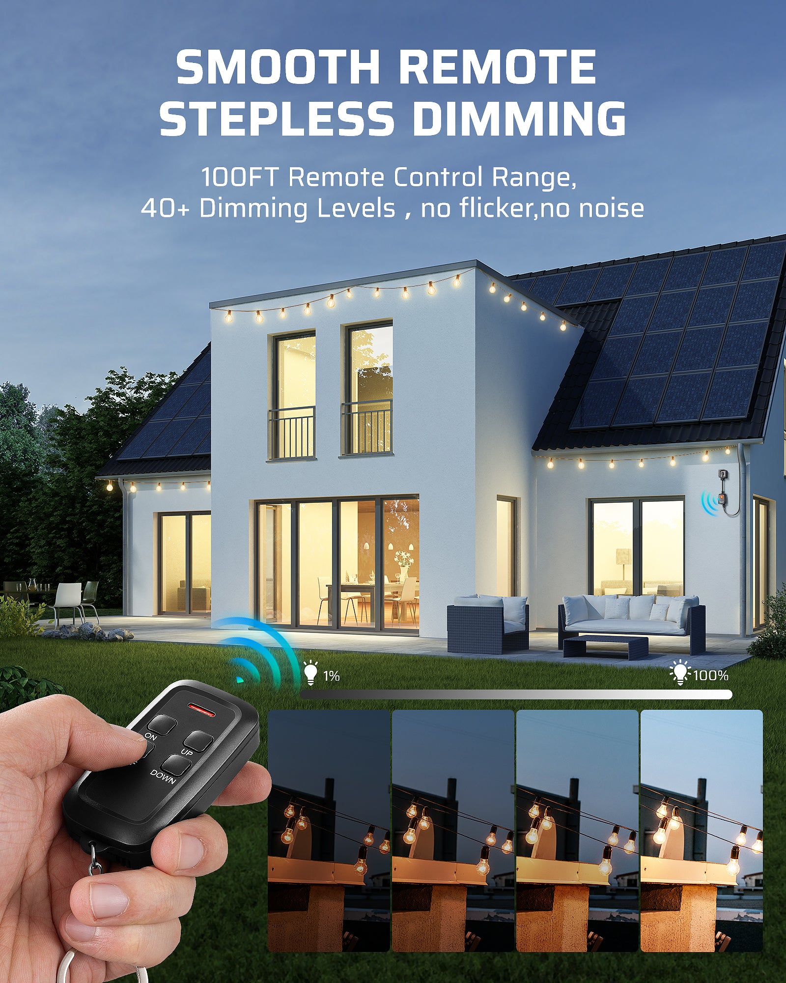 DEWENWILS Outdoor Dimmer for String Lights, Smart Dimmer Plug with Remote, Compatible with Alexa & Google Home, Waterproof, 100FT Range, Remote Dimmer for Dimmable LED/Tungsten Bulbs-HOWD01B