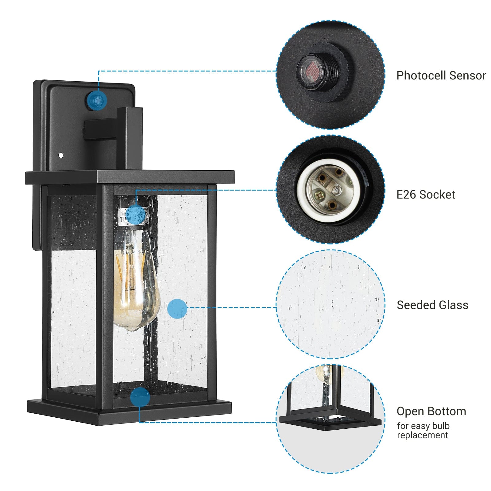 DEWENWILS Outdoor Wall Light Dusk to Dawn Porch Light Glass Shade Matte Black Weatherproof sconce E26 Base-HOWL06E