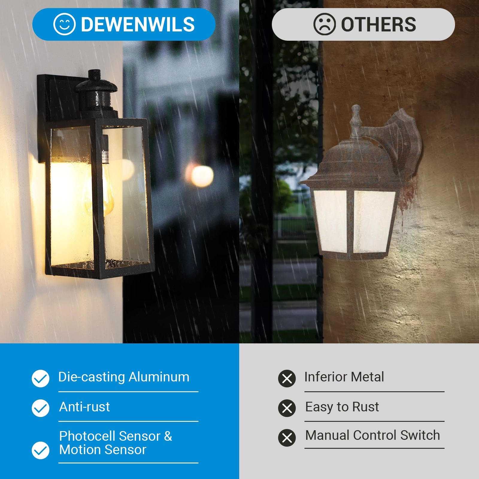 DEWENWILS Outdoor Wall Light with Motion Sensor, Dusk to Dawn Porch Light, Waterproof & Anti-Rust, Exterior Light Fixtures Wall Mount, Clear Glass, Black Wall Lantern for Garage, Entryway-HOWL07A