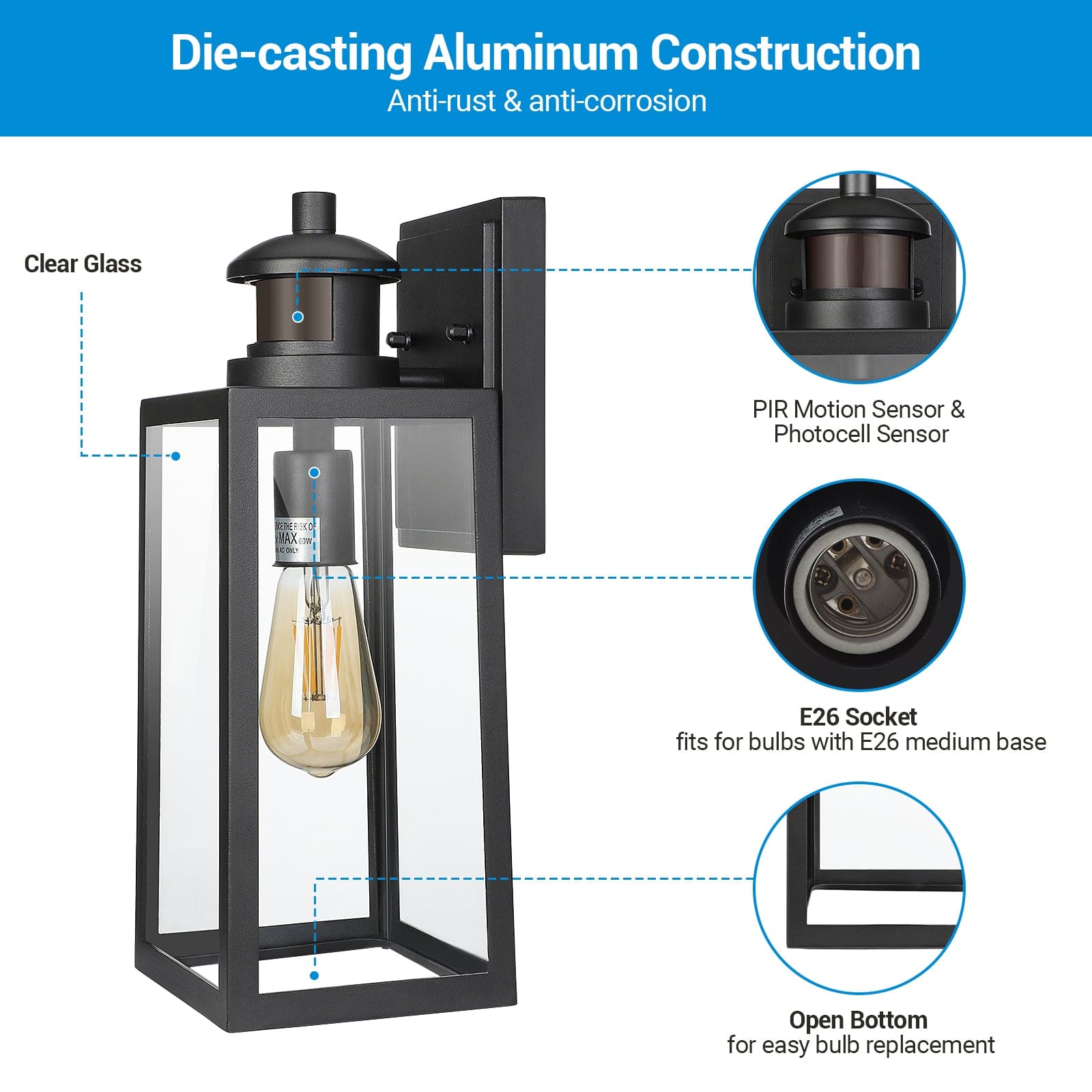 DEWENWILS Outdoor Wall Light with Motion Sensor, Dusk to Dawn Porch Light, Waterproof & Anti-Rust, Exterior Light Fixtures Wall Mount, Clear Glass, Black Wall Lantern for Garage, Entryway-HOWL07A