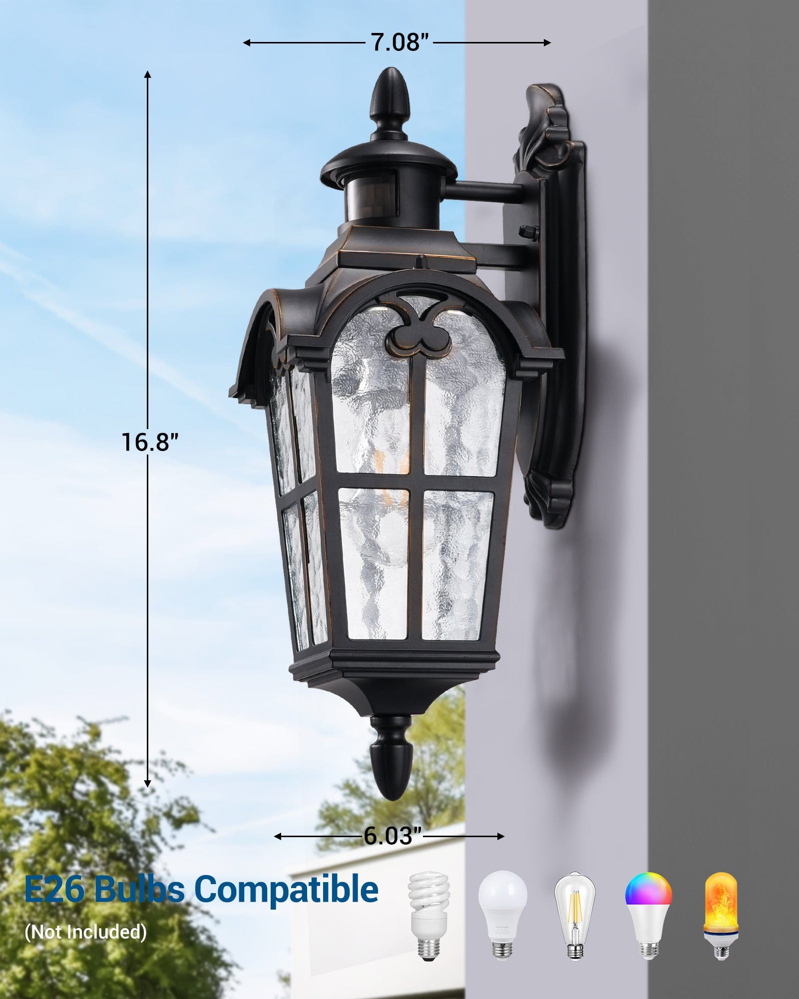 DEWENWILS Motion Sensor and Dusk to Dawn Wall Sconce, Porch Light with Water Ripple Glass, Wall Sconce Lantern for House Garage Patio-F1HOWL07B