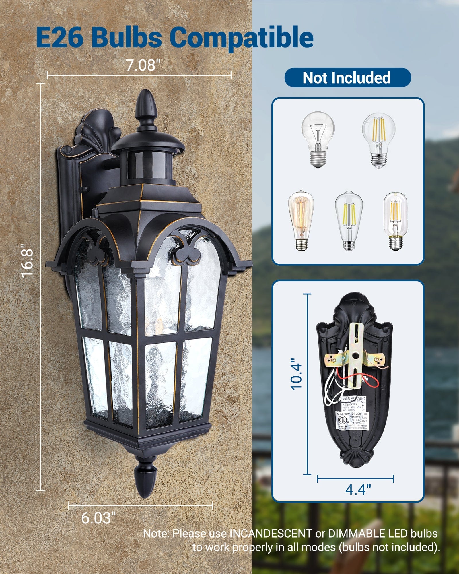 DEWENWILS Motion Sensor and Dusk to Dawn Wall Sconce, Porch Light with Water Ripple Glass, Wall Sconce Lantern for House Garage Patio-F1HOWL07B