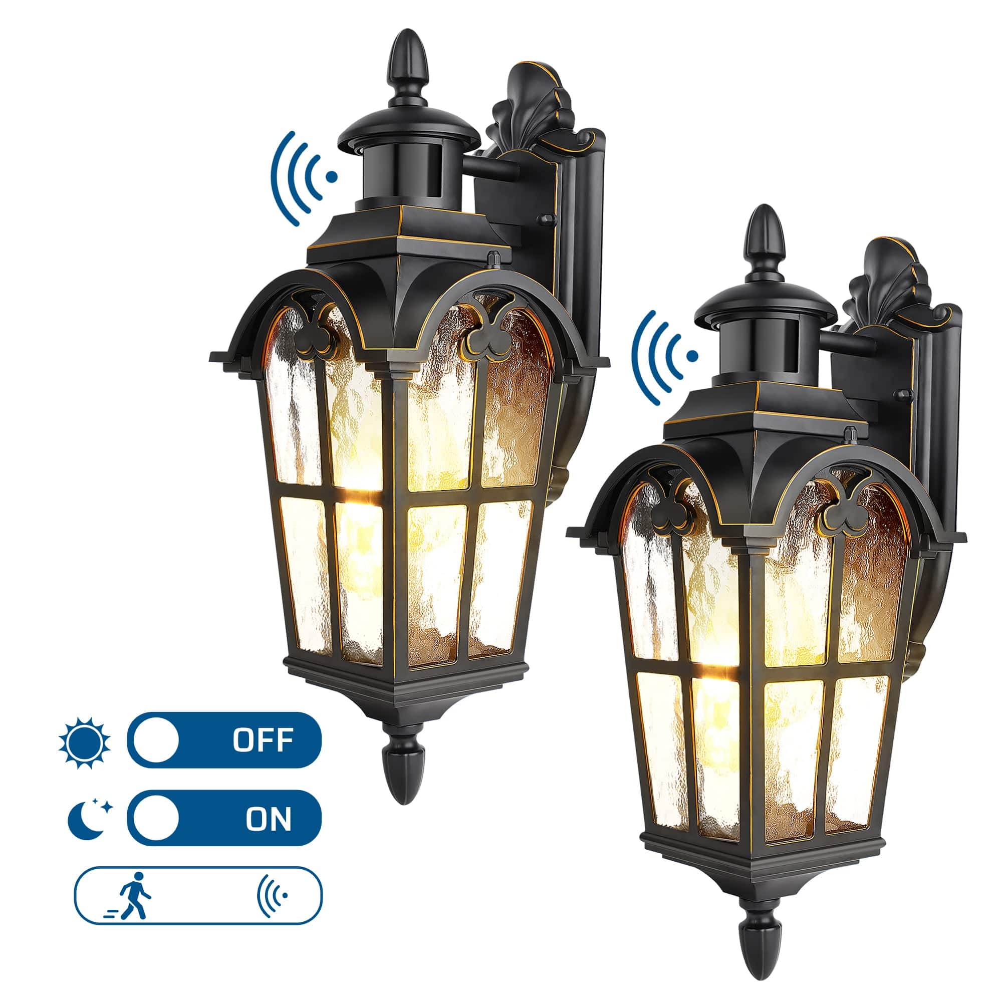DEWENWILS Motion Sensor Outdoor Wall Lights, 2-Pack Dusk to Dawn Exterior Lantern Fixture, Roman Vintage Wall Mount Waterproof Porch Light, Water Ripple Glass, for Front Door Garage Patio-HOWL07D