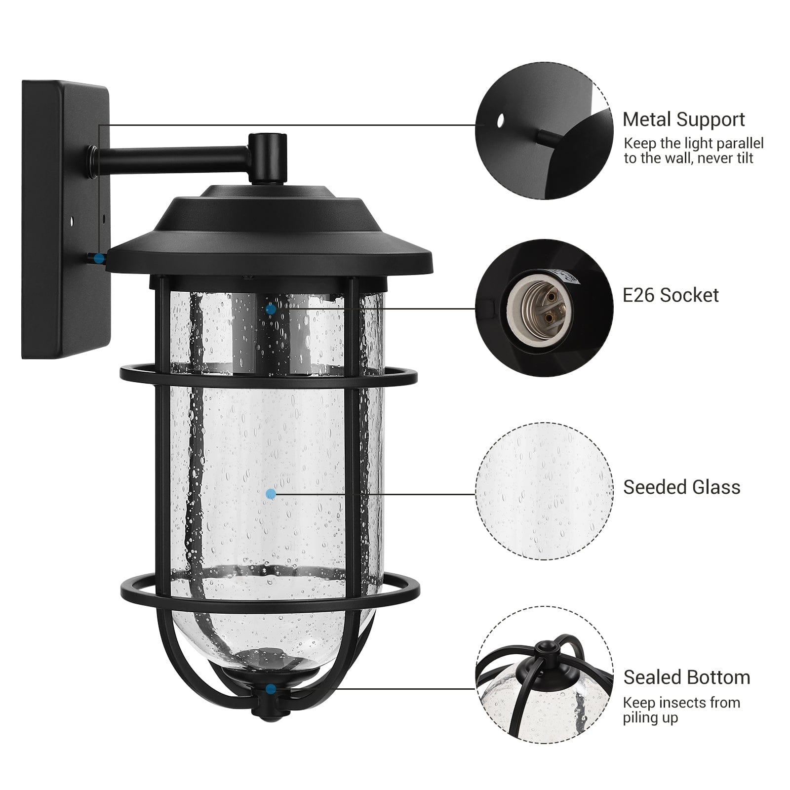 DEWENWILS Outdoor Wall Light, Seeded Glass Shade, Matte Black Finish, E26 Socket, Weather Resistant Wall Sconce, Exterior Porch Light Fixture for Garage, Backyard-HOWL05A