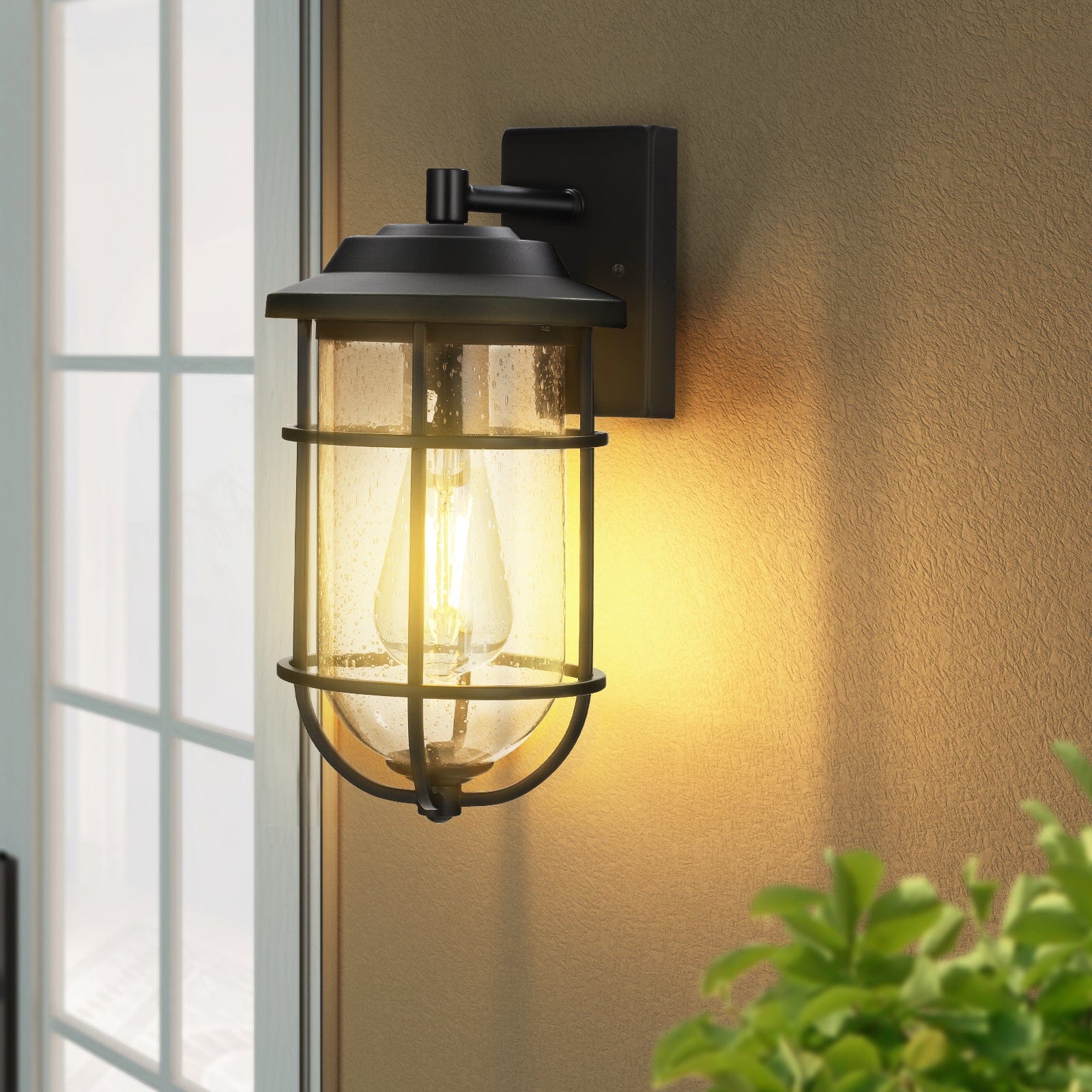 DEWENWILS Outdoor Wall Light, Seeded Glass Shade, Matte Black Finish, E26 Socket, Weather Resistant Wall Sconce, Exterior Porch Light Fixture for Garage, Backyard-HOWL05A