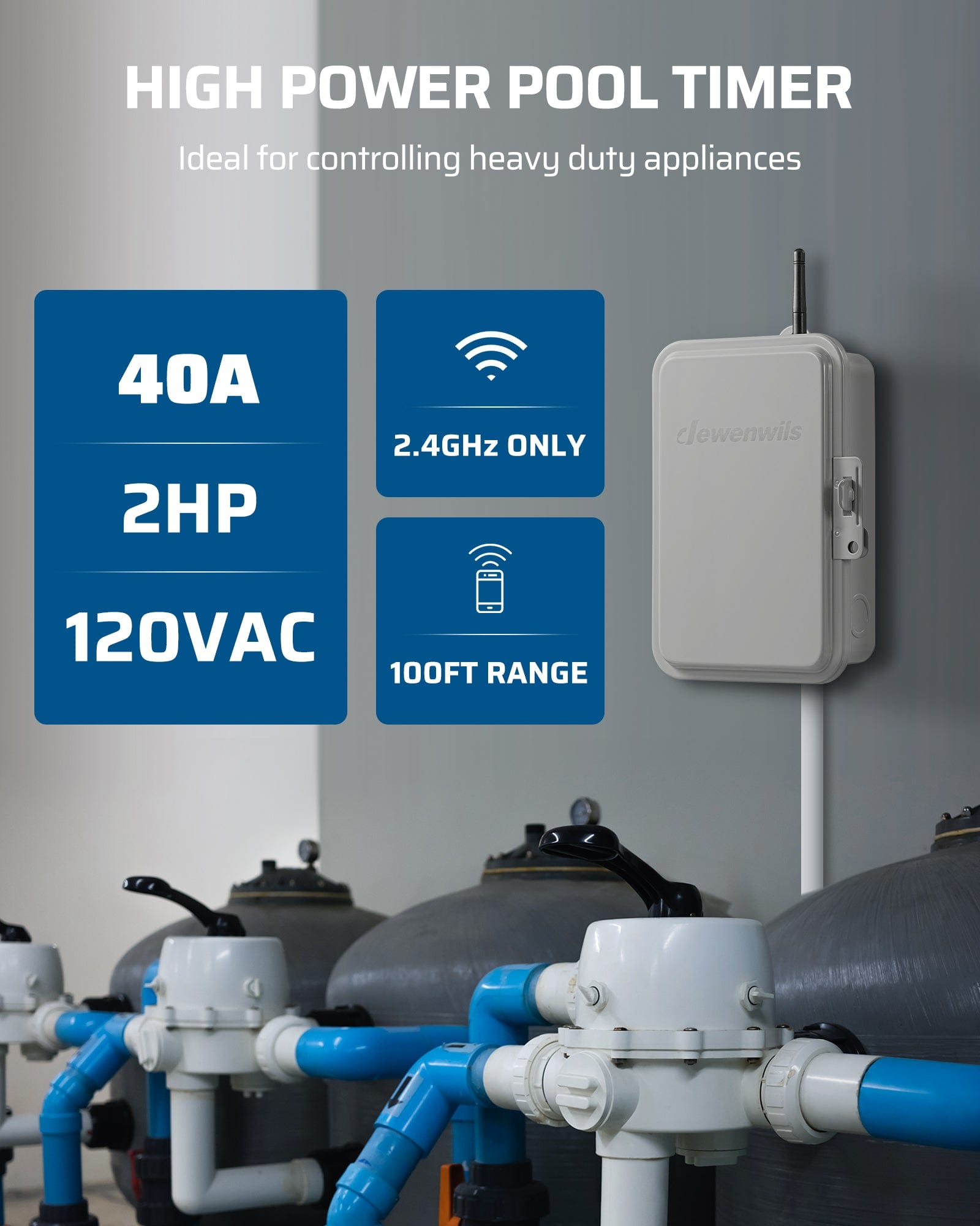 DEWENWILS WiFi pool timer: High-power 40A/2HP 120VAC control. Features 2.4GHz WiFi with 100ft range, app/voice control, and 15 ON/OFF settings for smart automation.