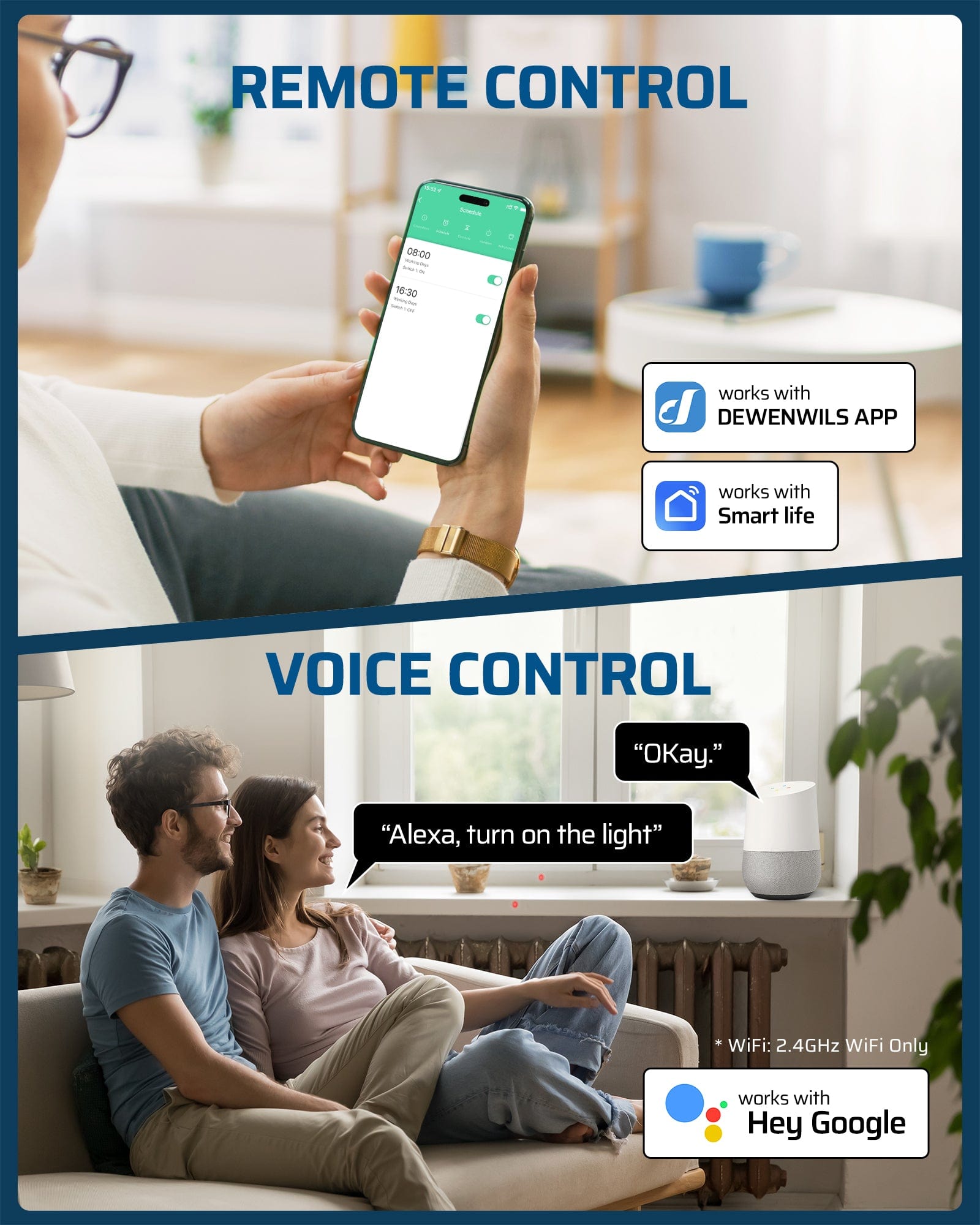 DEWENWILS WiFi timer: Features remote smartphone control and voice command via Alexa or Google Assistant. Manage your pool pump and lights from anywhere.
