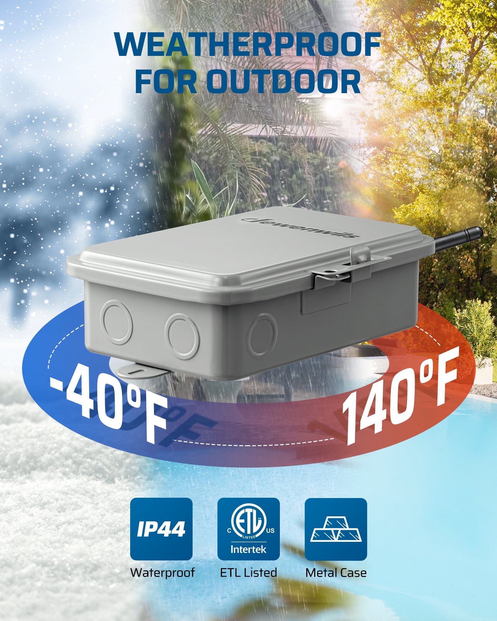 pool timer: IP44 waterproof metal case for outdoor use (-40°F to 140°F). ETL Listed for safe, durable control of heavy-duty pool pumps and appliances.