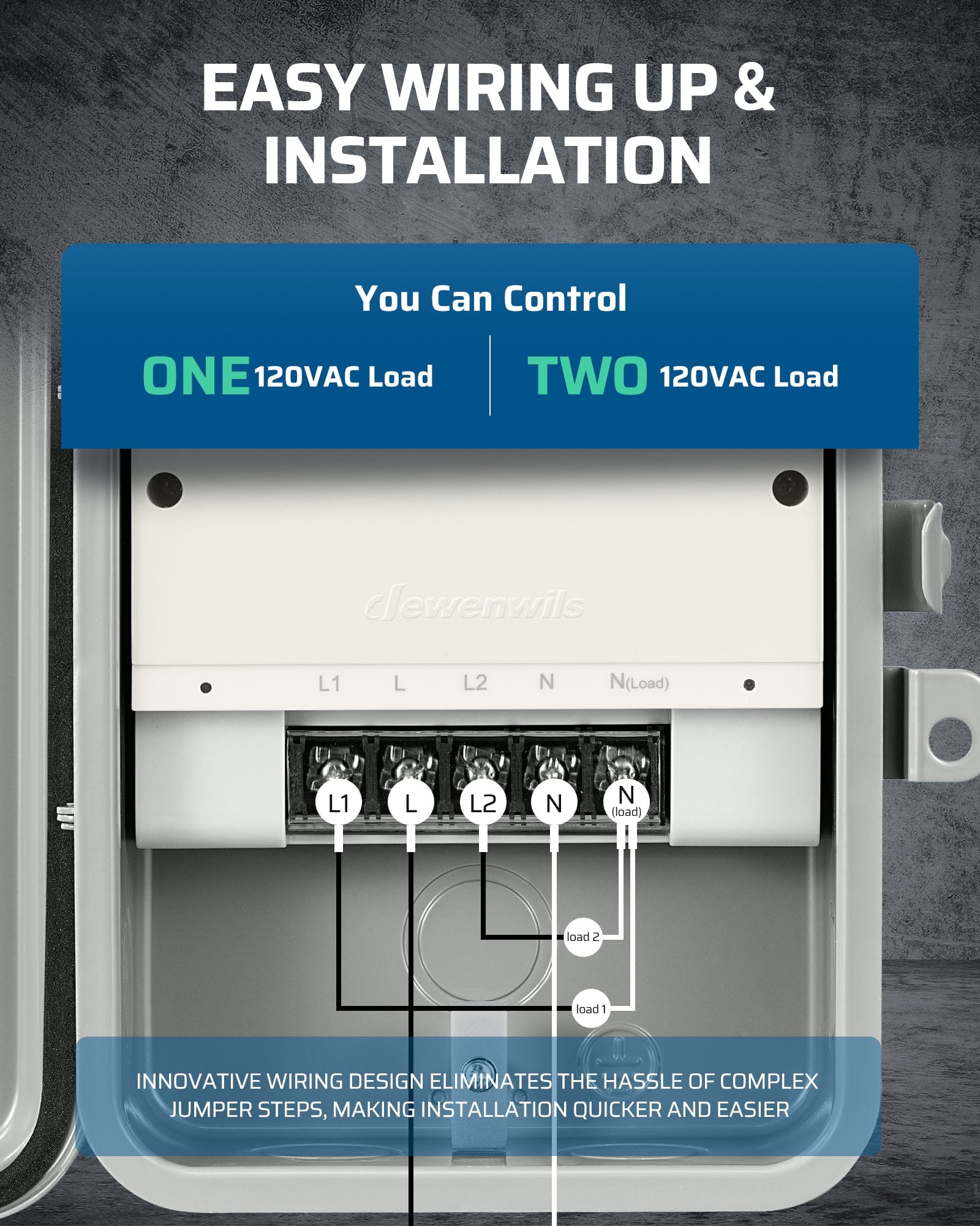 DEWENWILS WiFi timer: Easy wiring for one or two 120VAC loads. Simplify installation while controlling multiple heavy-duty pool pumps or outdoor lights.