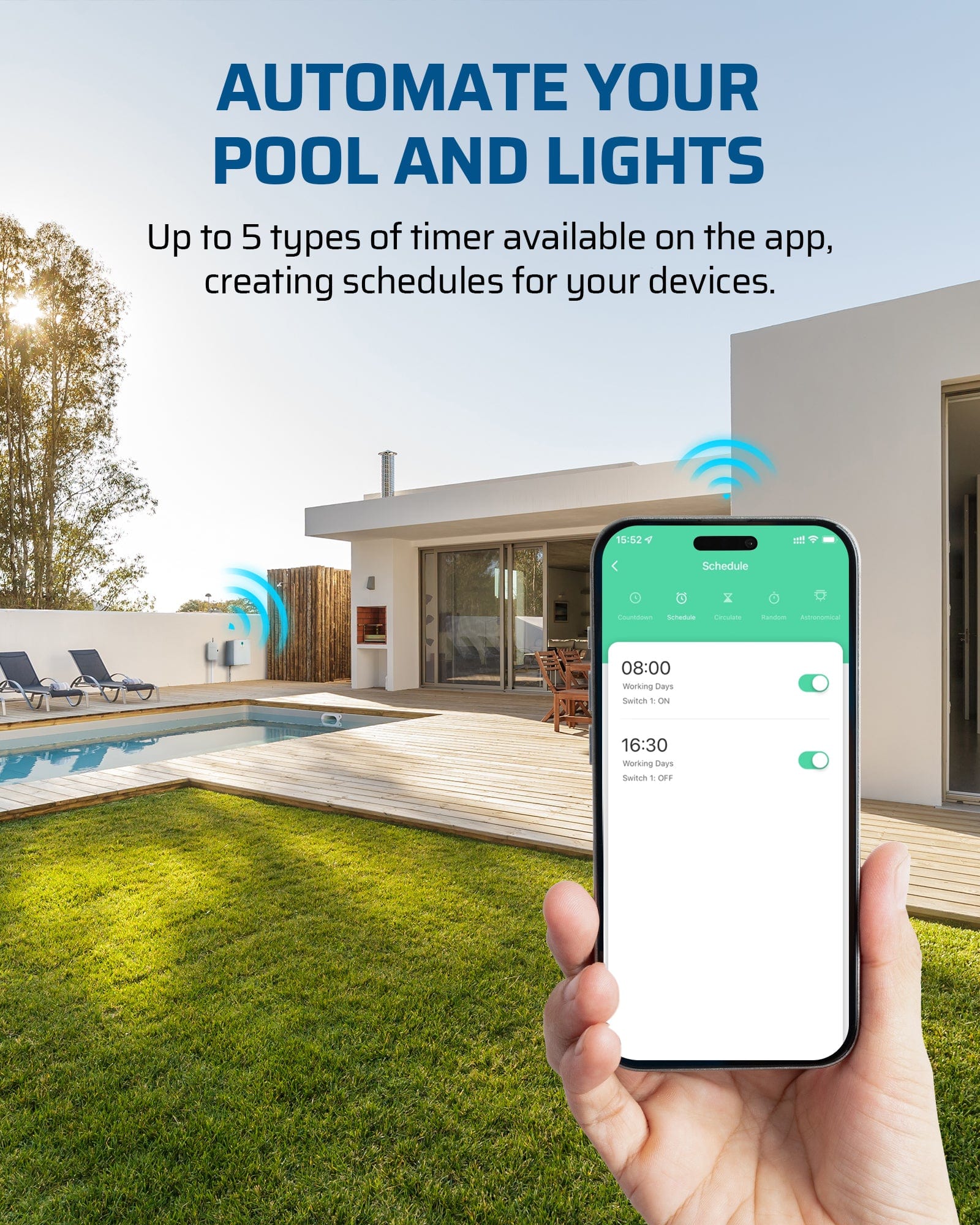DEWENWILS pool timer: App features 5 modes—Programmable, Countdown, Random, Circulate, and Astronomical. Create custom schedules for pumps and lights via smartphone.