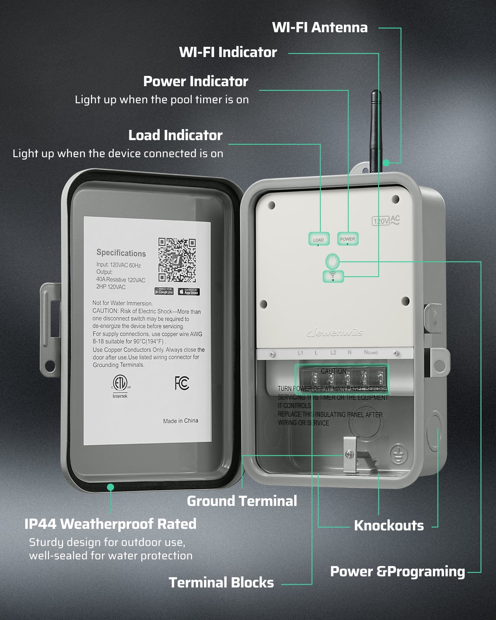 Pool Pump Timer with internal buttons and detailed functional descriptions for easy manual control and smart management.