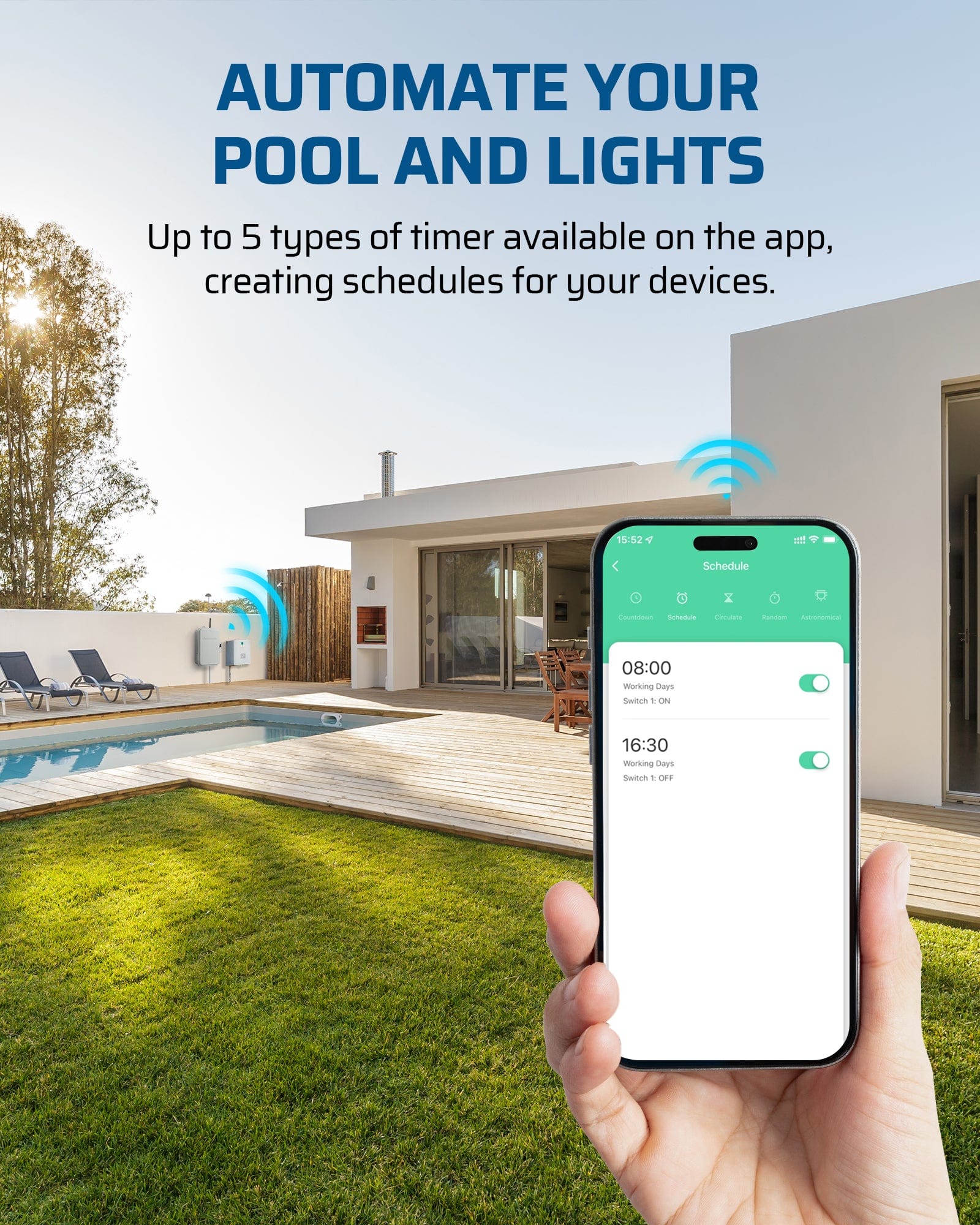 DEWENWILS pool timer: App includes 5 modes—Programmable, Countdown, Random, Circulate, and Astronomical. Create up to 15 schedules to automate your pool and lights.