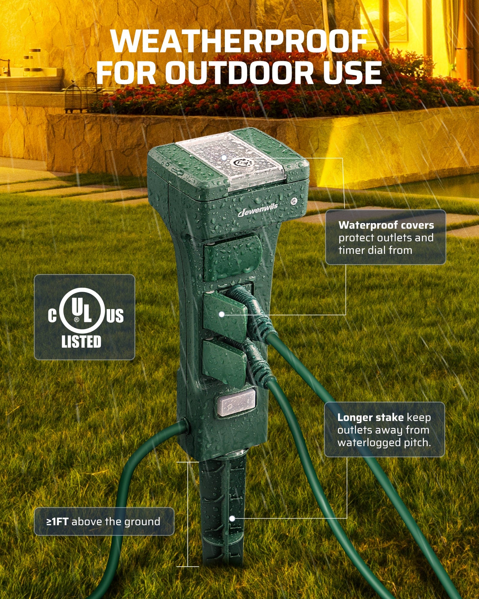 Outdoor Power Stake with Timer: Features waterproof covers and a longer stake to protect outlets and the timer dial from rain and waterlogged ground for safe outdoor use.