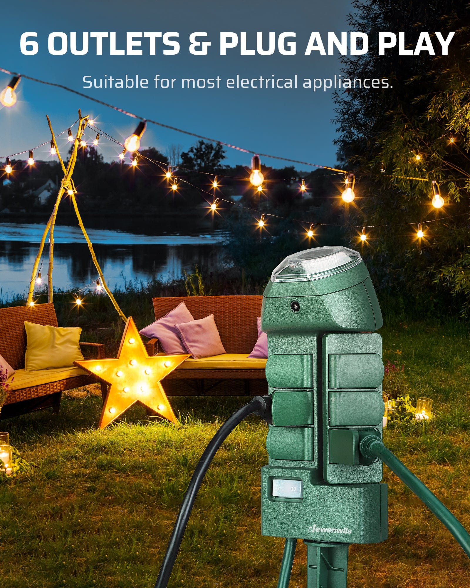 DEWENWILS Outdoor Power Strip Timer with Photocell, Yard Stake Timer Dusk to Dawn, Weatherproof Countdown Light Timer, 6 Outlets 10ft Cord for Outdoor Lights, Sprinklers, Garden, 1875W/15A-HOYS16C