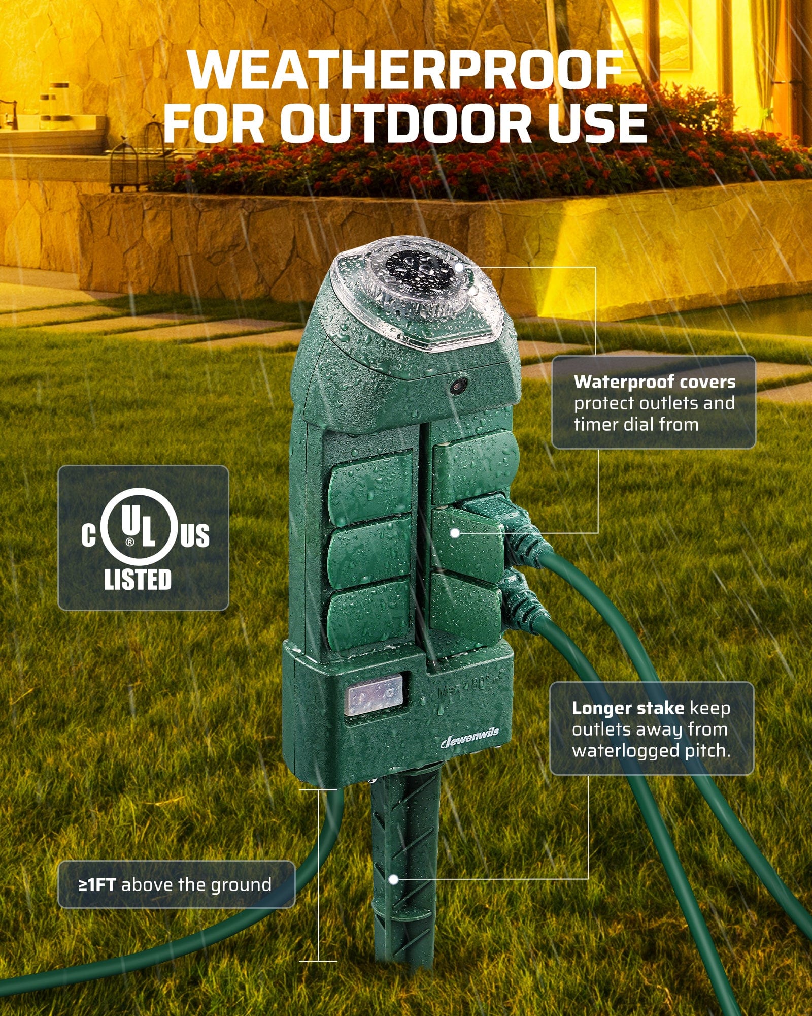 DEWENWILS Outdoor Power Strip Timer with Photocell, Yard Stake Timer Dusk to Dawn, Weatherproof Countdown Light Timer, 6 Outlets 10ft Cord for Outdoor Lights, Sprinklers, Garden, 1875W/15A-HOYS16C